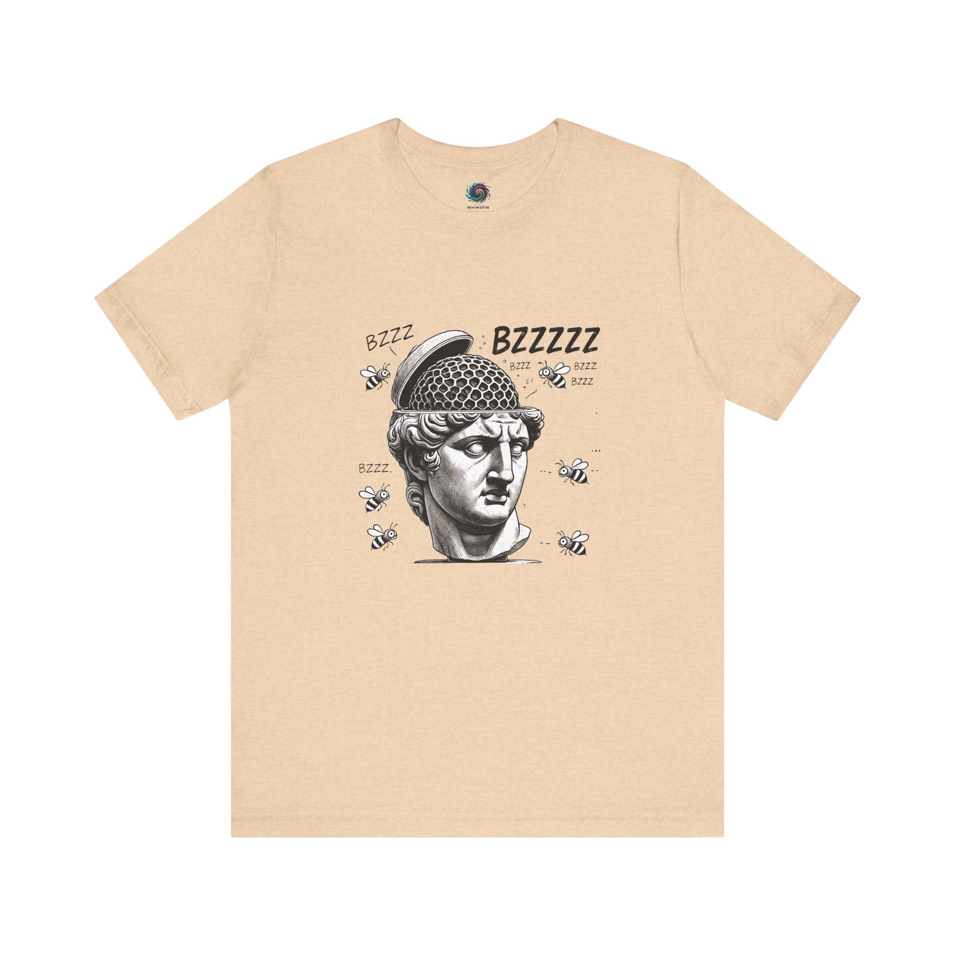 Hive Mind T-Shirt – Surreal Bee Group Think Parody Tee flat lay in Heather Sand Dune