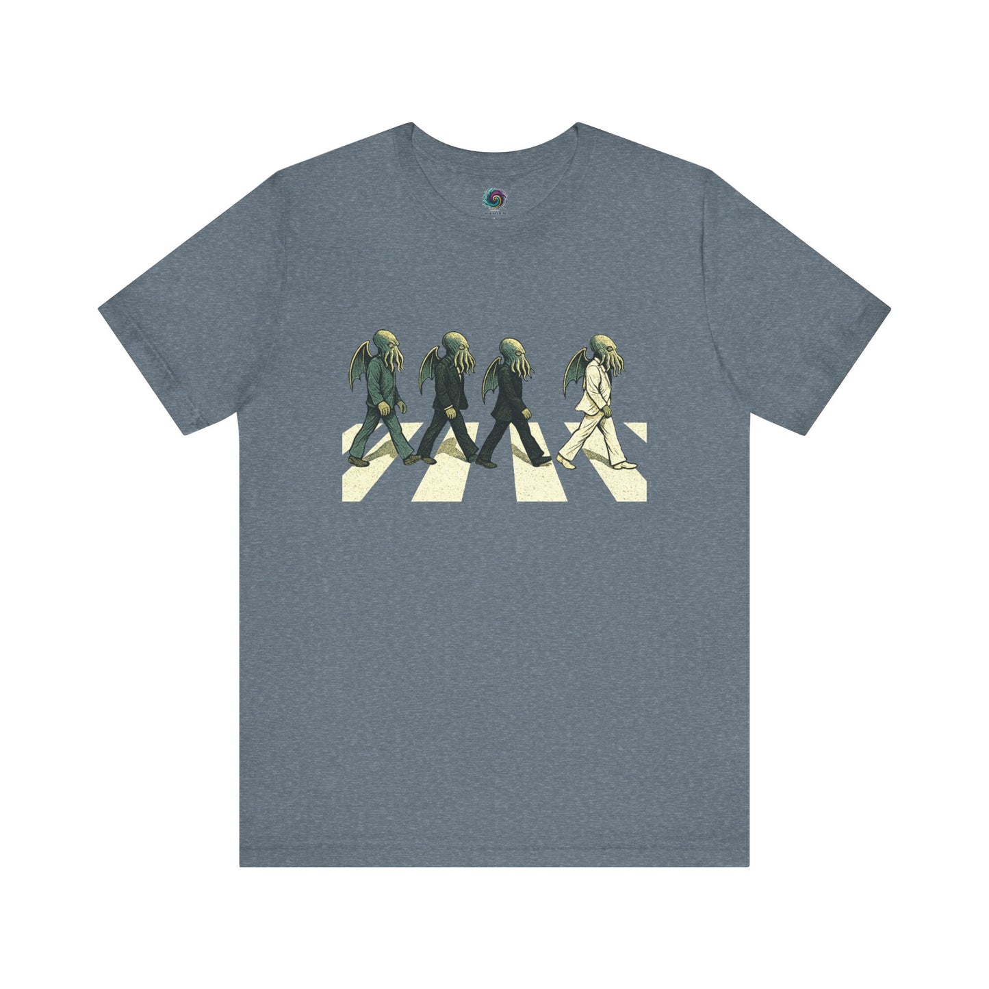 Cthulhu Crossing T-Shirt – Beatles Abbey Road Parody Tee in heather slate, flat lay parody tee with Cthulhu rocker mashup.
