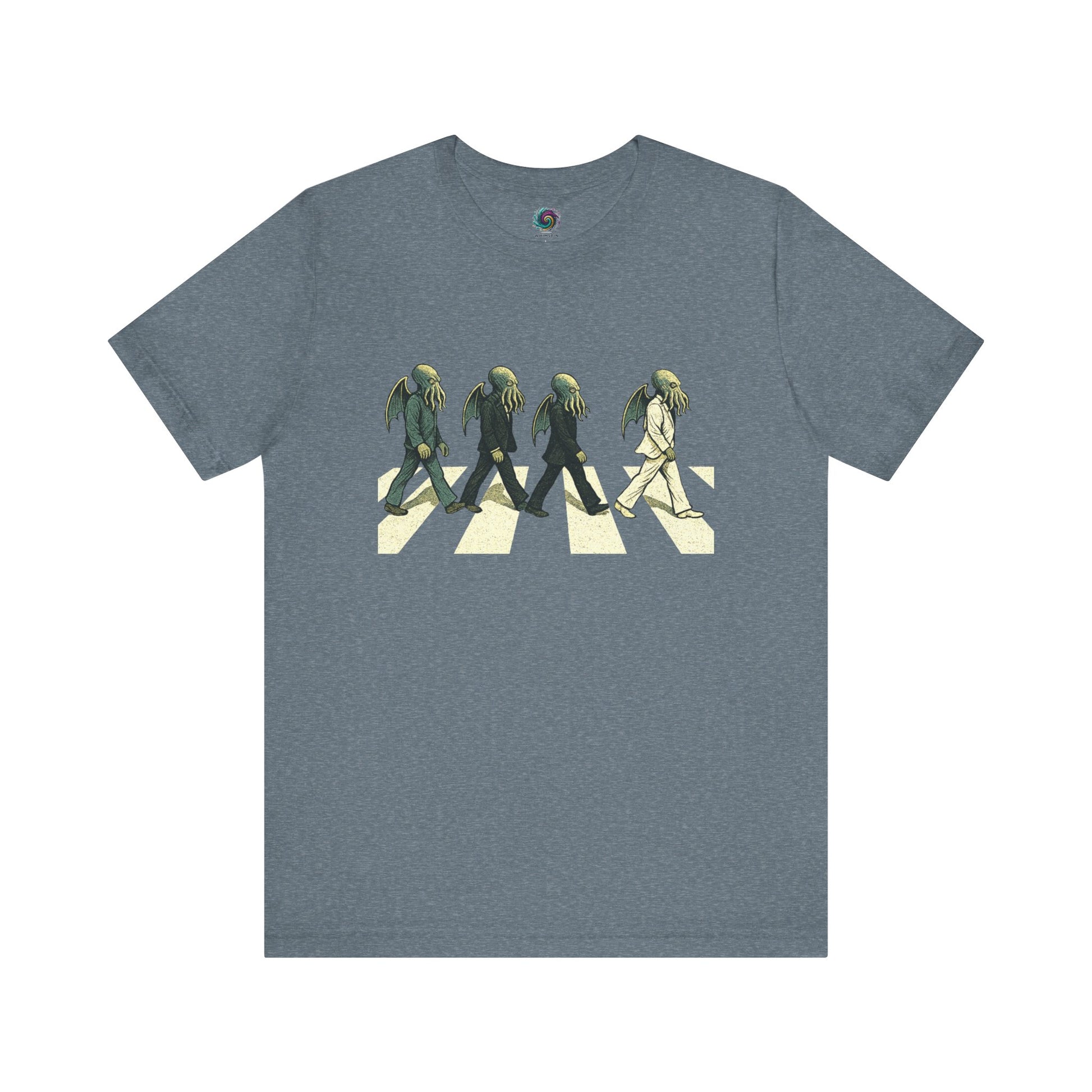 Cthulhu Crossing T-Shirt – Beatles Abbey Road Parody Tee in heather slate, flat lay parody tee with Cthulhu rocker mashup.