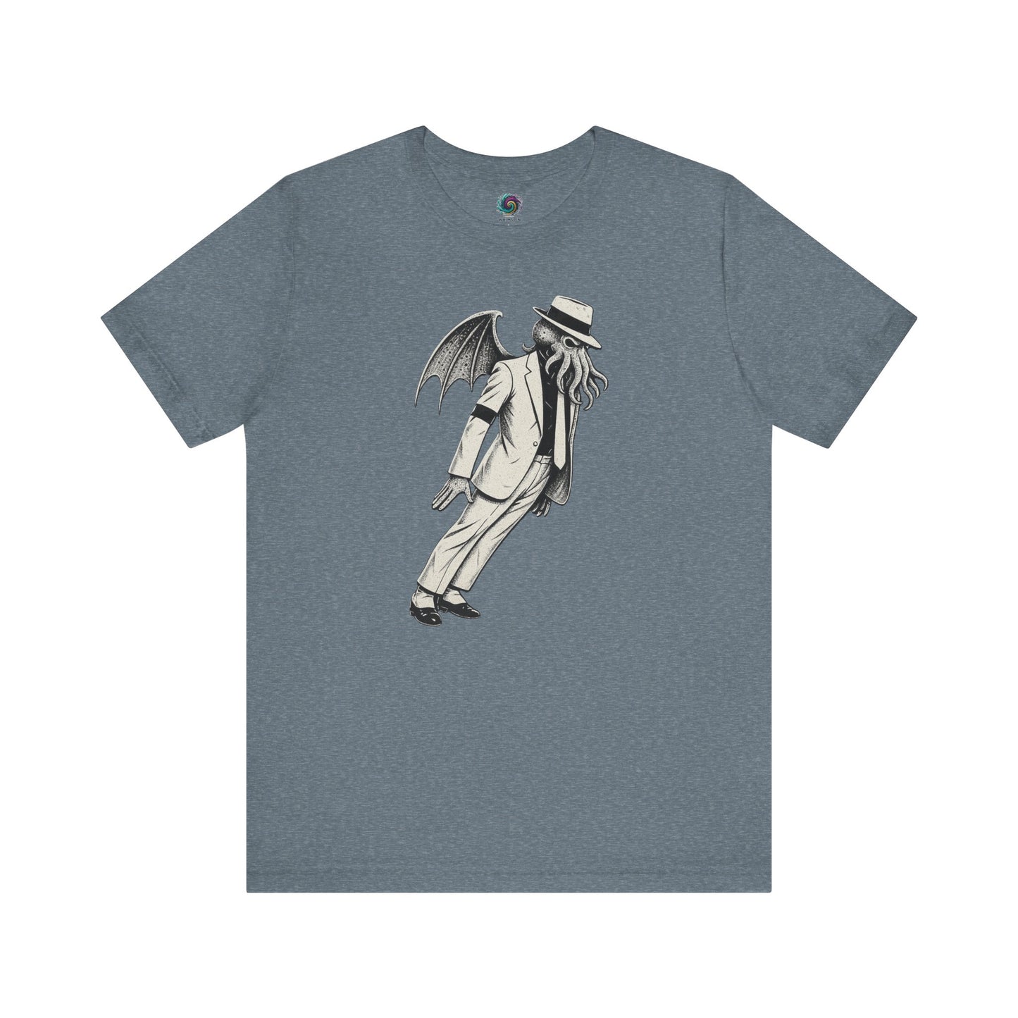 Smooth Cthulhu Unisex T-Shirt – Lovecraft Meets Smooth Criminal Style in heather slate, flat lay featuring Cthulhu King of Pop mash-up.