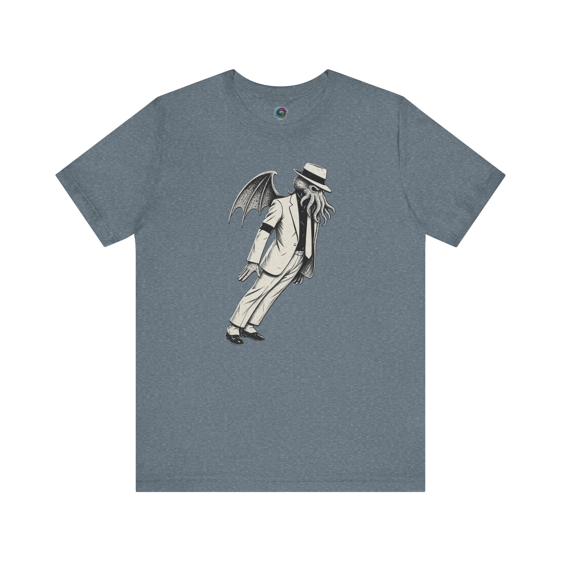 Smooth Cthulhu Unisex T-Shirt – Lovecraft Meets Smooth Criminal Style in heather slate, flat lay featuring Cthulhu King of Pop mash-up.