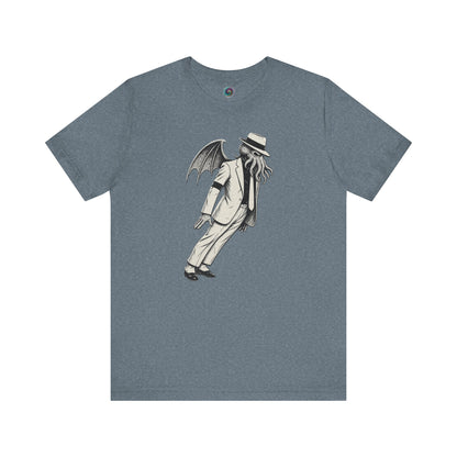 Smooth Cthulhu Unisex T-Shirt – Lovecraft Meets Smooth Criminal Style in heather slate, flat lay featuring Cthulhu King of Pop mash-up.