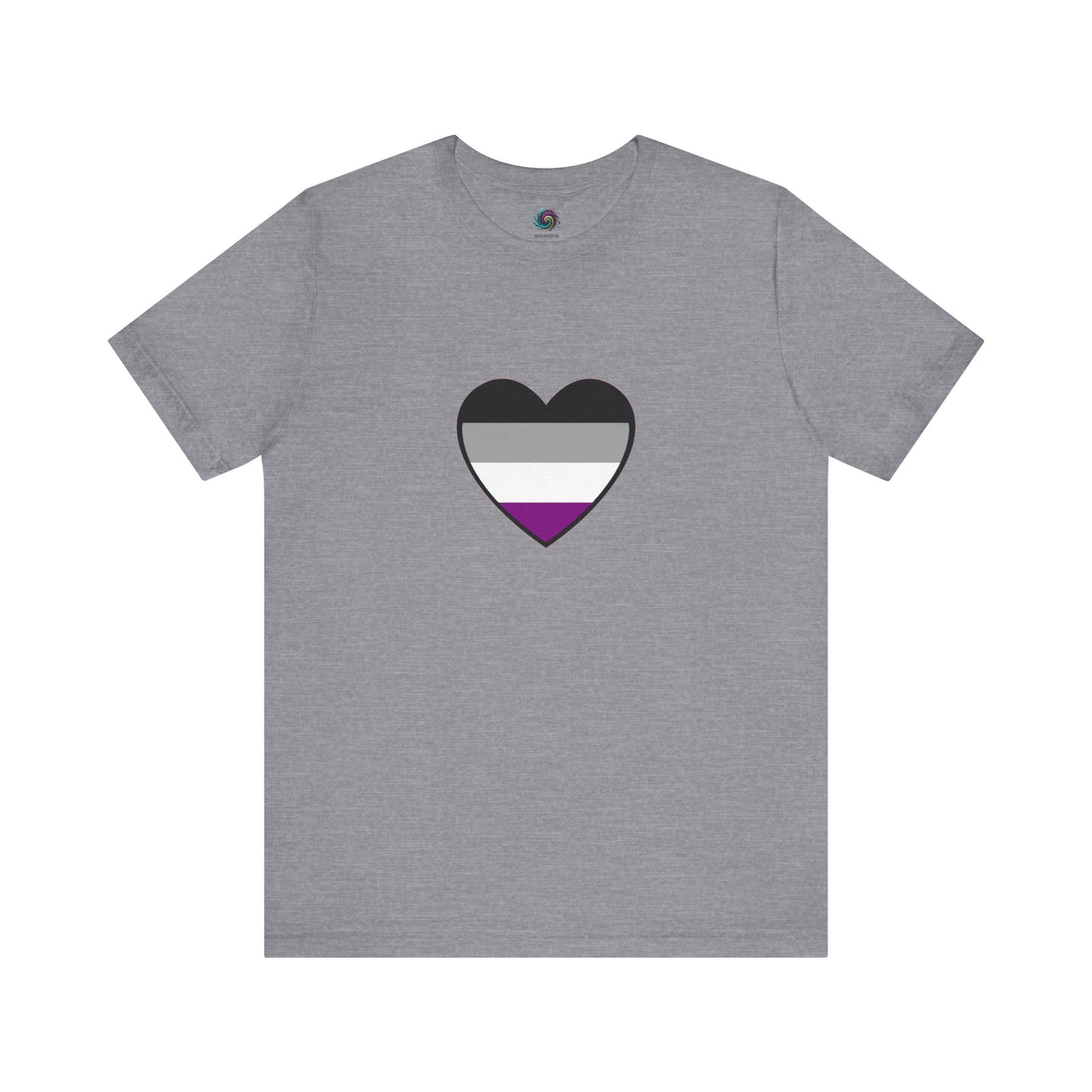 Asexual Pride Heart T-Shirt – Ace Flag LGBTQ+ Shirt in heather storm gray, with a neutral background and bold asexual flag heart for quiet confidence.