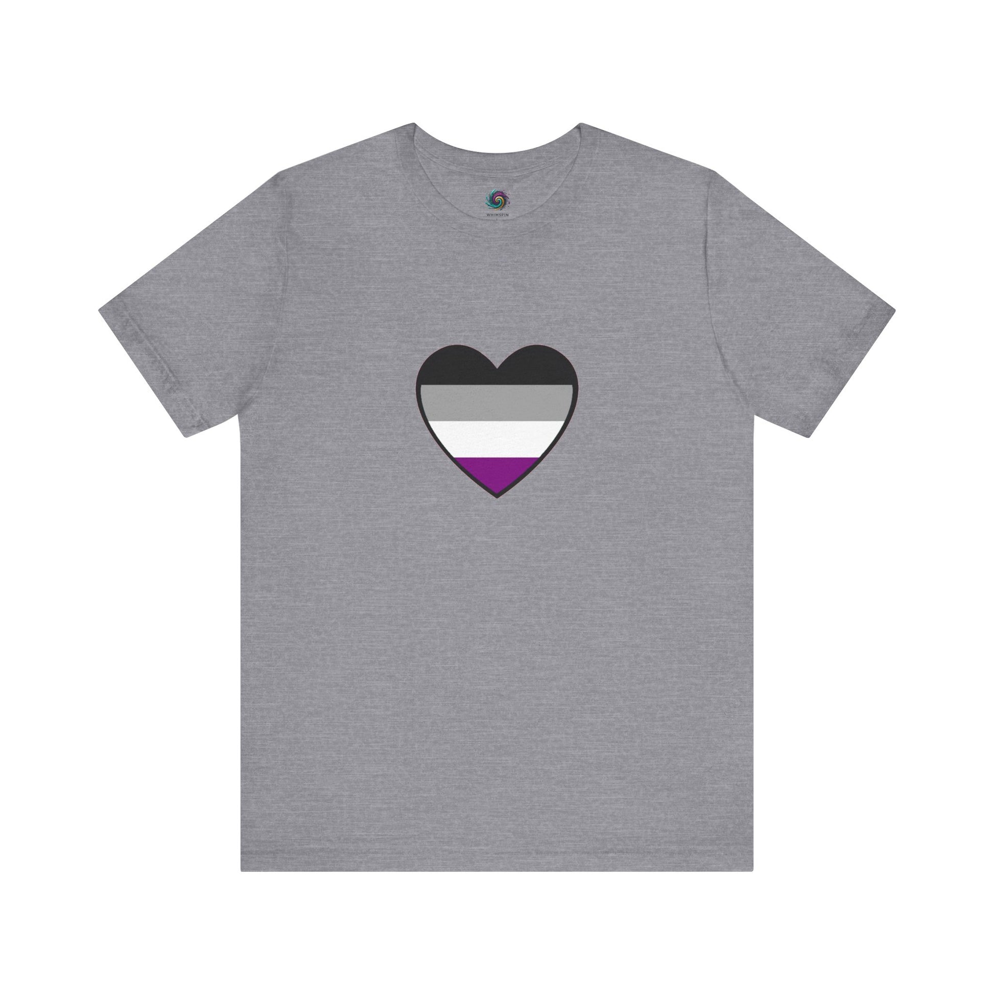 Asexual Pride Heart T-Shirt – Ace Flag LGBTQ+ Shirt in heather storm gray, with a neutral background and bold asexual flag heart for quiet confidence.