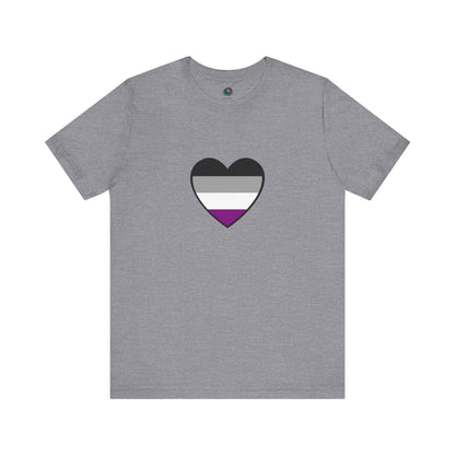 Asexual Pride Heart T-Shirt – Ace Flag LGBTQ+ Shirt in heather storm gray, with a neutral background and bold asexual flag heart for quiet confidence.