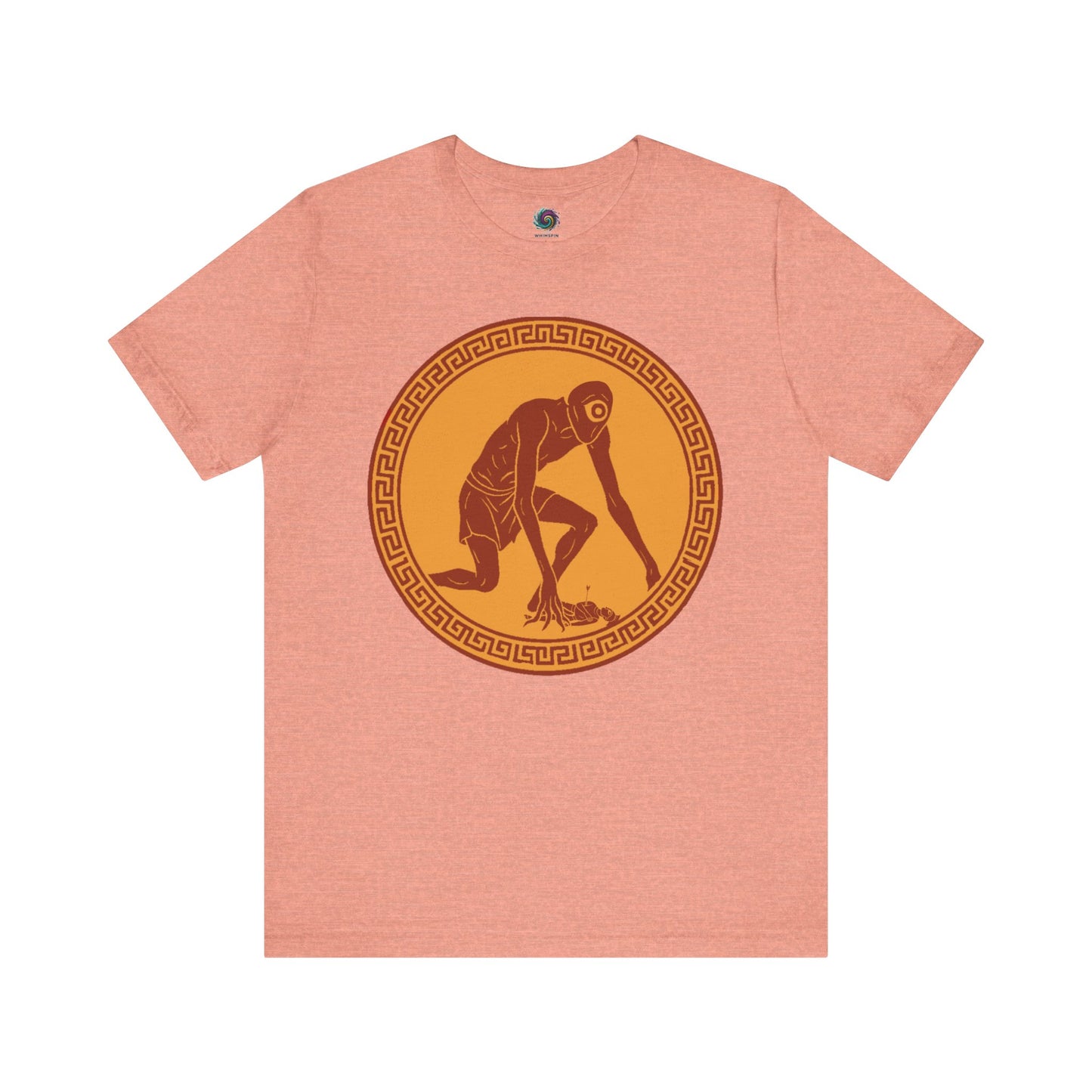 Heather Sunset  t-shirt with a central red and gold circular design featuring a stylized image of Polyphemus, Cyclops from The Odyssey 