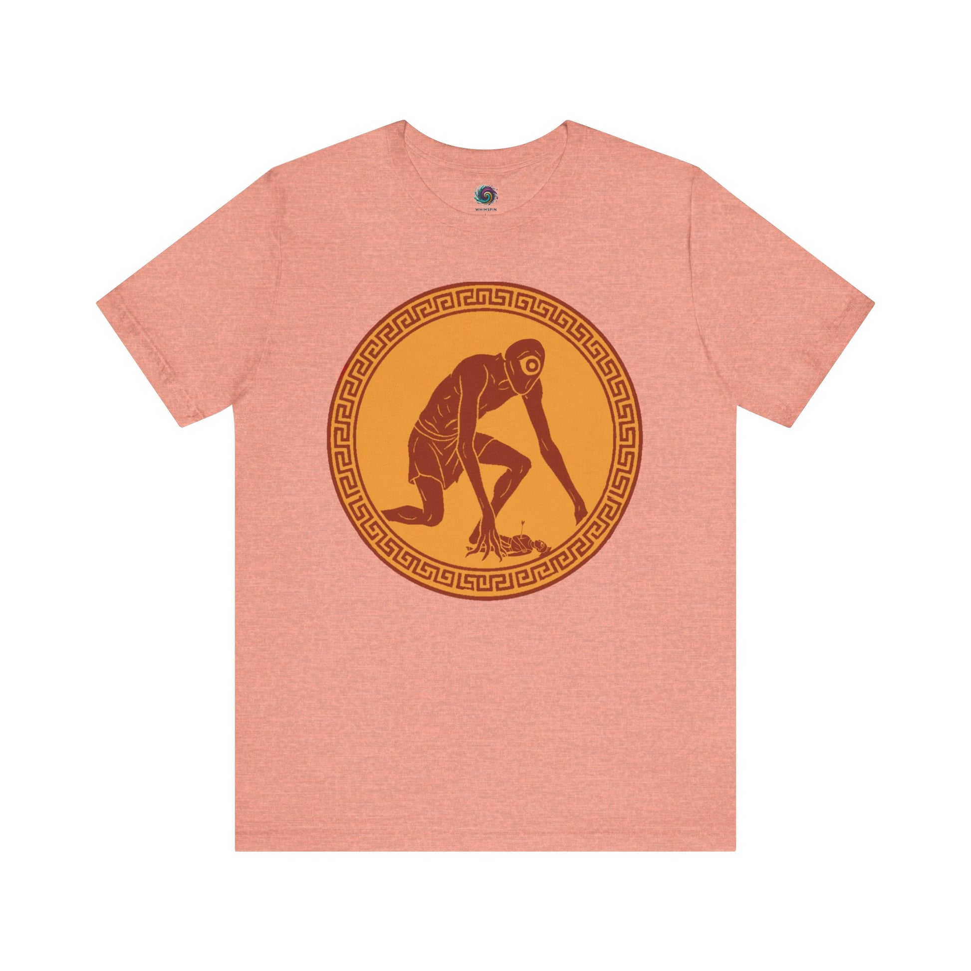 Heather Sunset  t-shirt with a central red and gold circular design featuring a stylized image of Polyphemus, Cyclops from The Odyssey 