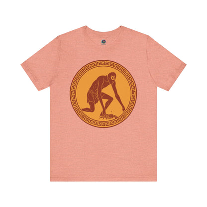Heather Sunset  t-shirt with a central red and gold circular design featuring a stylized image of Polyphemus, Cyclops from The Odyssey 