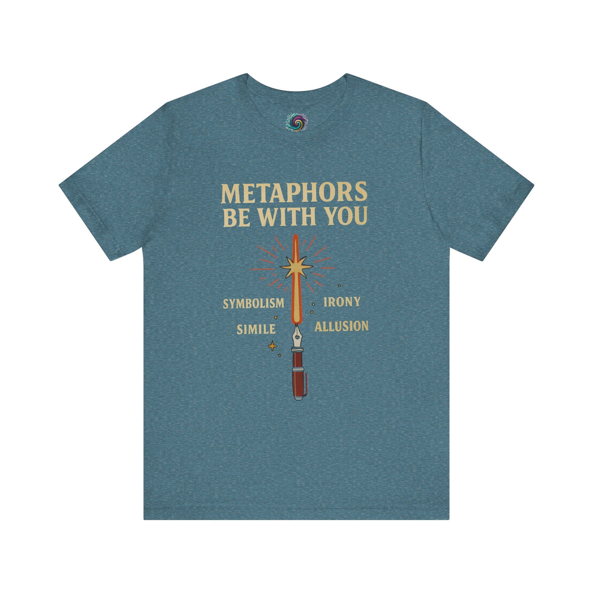 Heather Teal t-shirt with text and graphic design on a white background Metaphors Be With You T-Shirt from WhimSpin