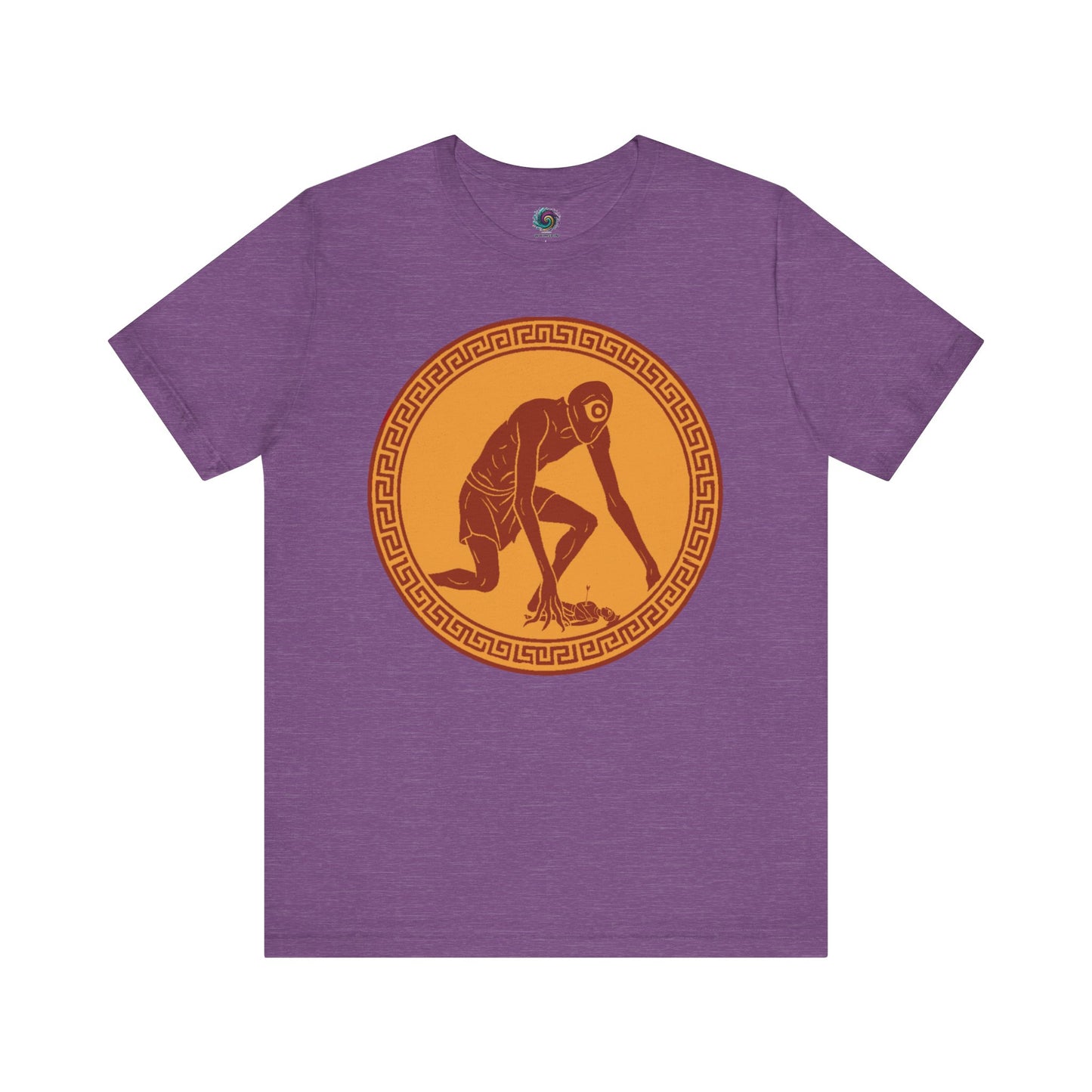 Heather Team Purple t-shirt with a central red and gold circular design featuring a stylized image of Polyphemus, Cyclops from The Odyssey, great for Epic fans