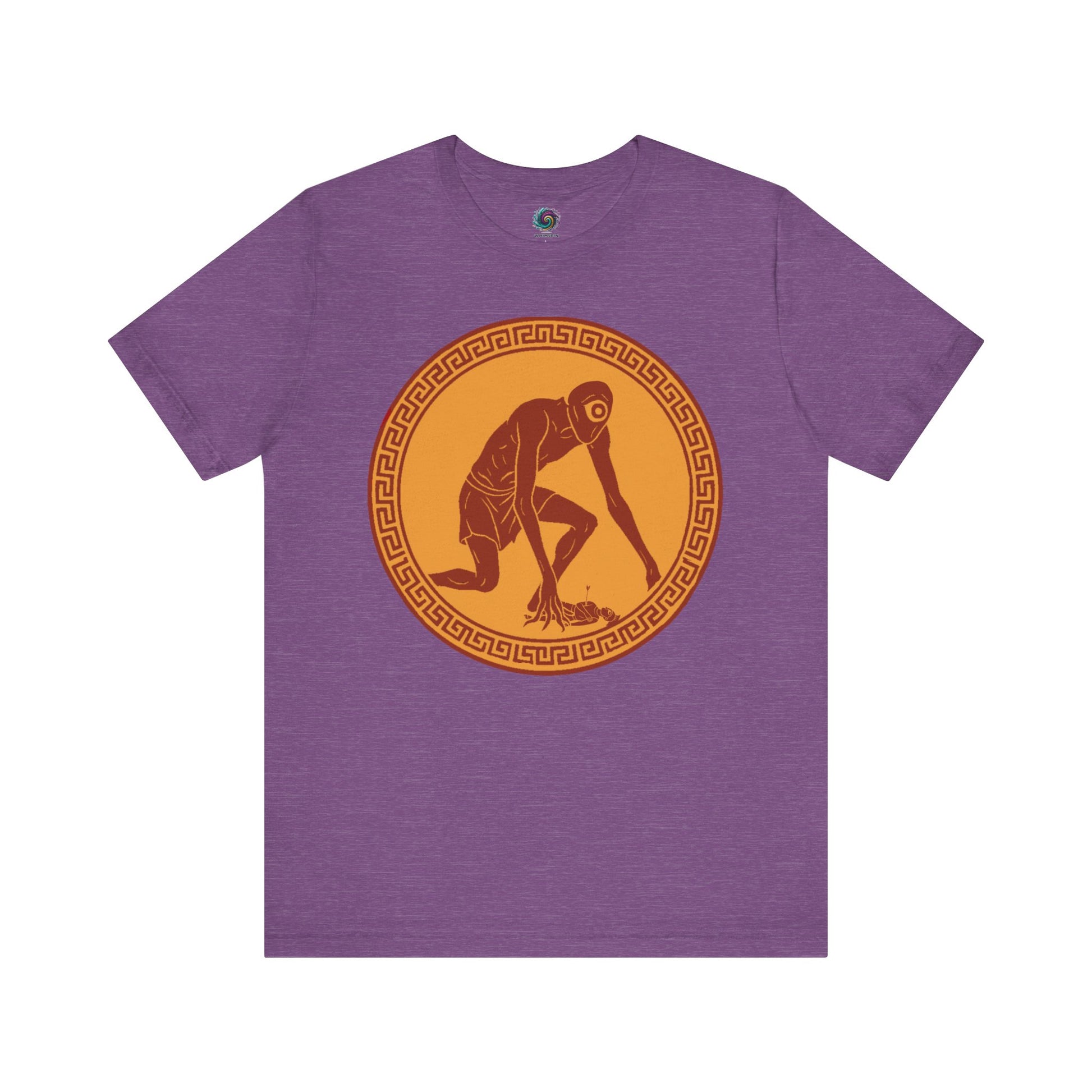 Heather Team Purple t-shirt with a central red and gold circular design featuring a stylized image of Polyphemus, Cyclops from The Odyssey, great for Epic fans
