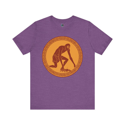 Heather Team Purple t-shirt with a central red and gold circular design featuring a stylized image of Polyphemus, Cyclops from The Odyssey, great for Epic fans