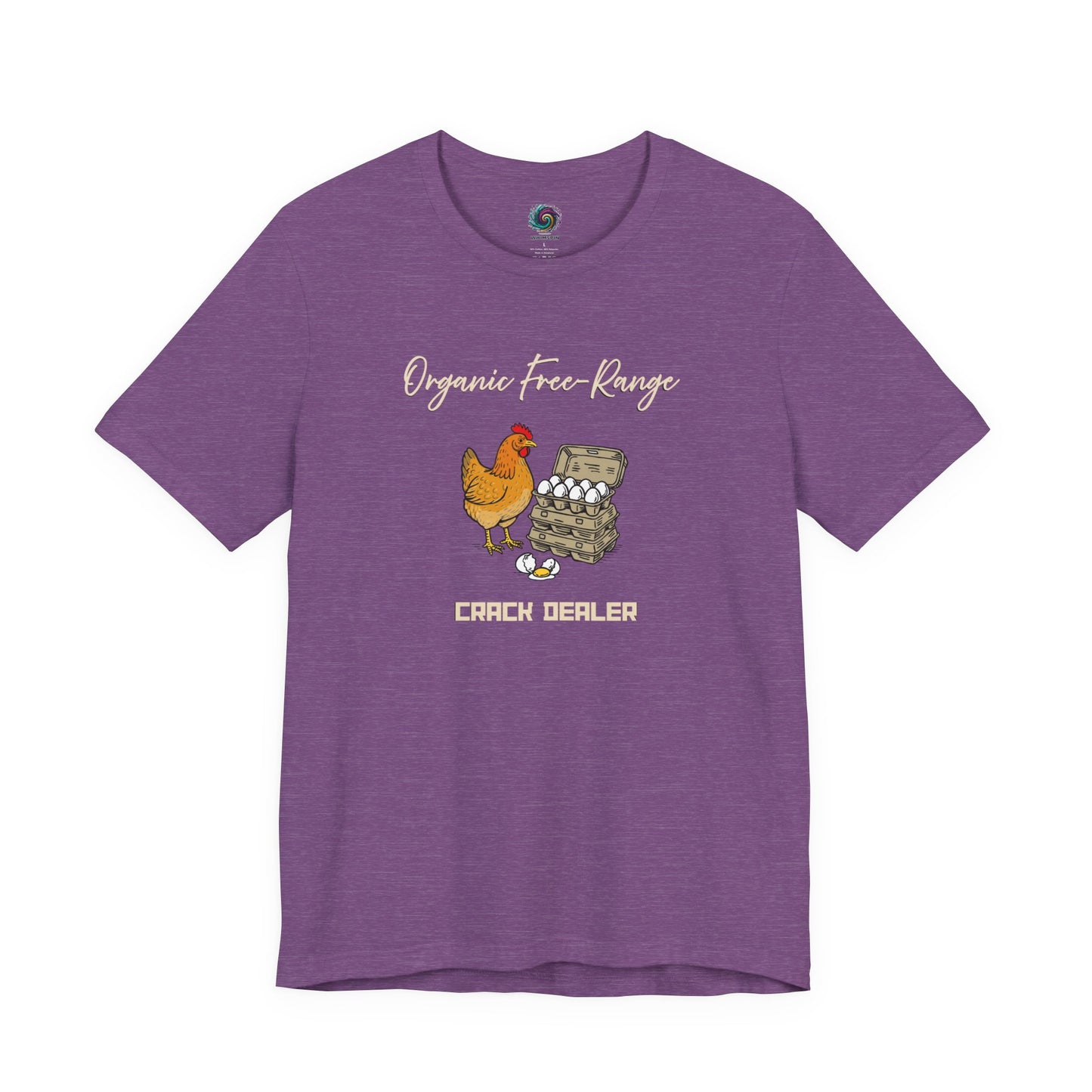 Funny Egg Dealer Chicken Shirt – Farm Humor for Chicken Moms in Heather Team Purple, displaying the cheerful hen illustration and humorous chicken mom theme.