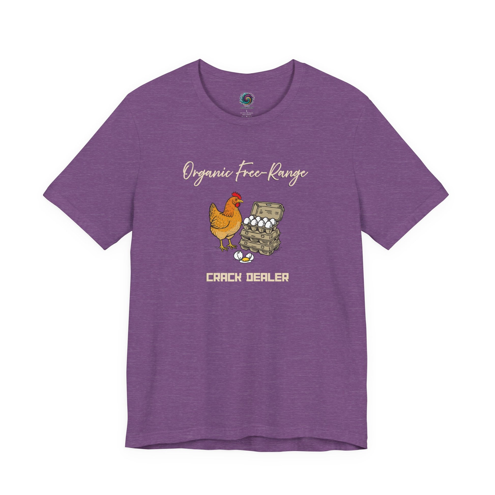 Funny Egg Dealer Chicken Shirt – Farm Humor for Chicken Moms in Heather Team Purple, displaying the cheerful hen illustration and humorous chicken mom theme.