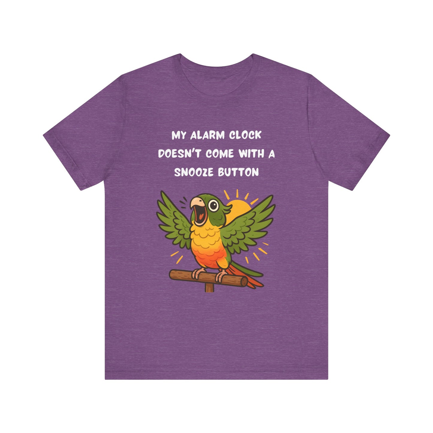Parrot Alarm Clock T-Shirt – Funny Parrot Wake-Up Call Tee in Heather Team Purple, featuring the lively shouting parrot graphic and the bright wake-up call message printed prominently on the shirt.