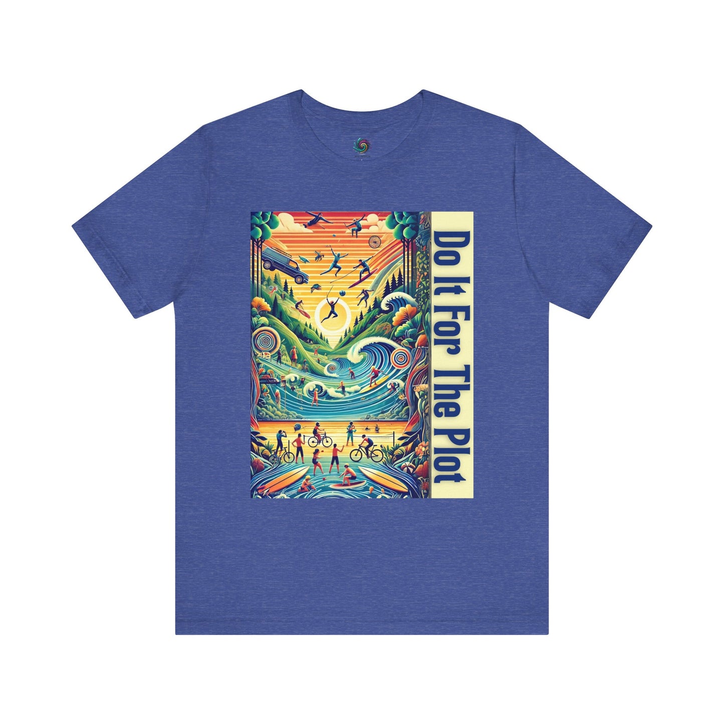 Do It For The Plot tshirt in heather true royal – narrative journey shirt with layered outdoor exploration artwork