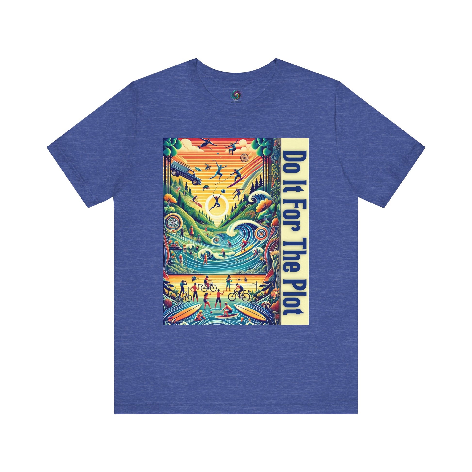 Do It For The Plot tshirt in heather true royal – narrative journey shirt with layered outdoor exploration artwork