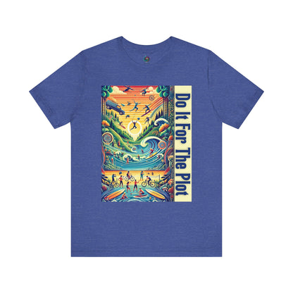 Do It For The Plot tshirt in heather true royal – narrative journey shirt with layered outdoor exploration artwork