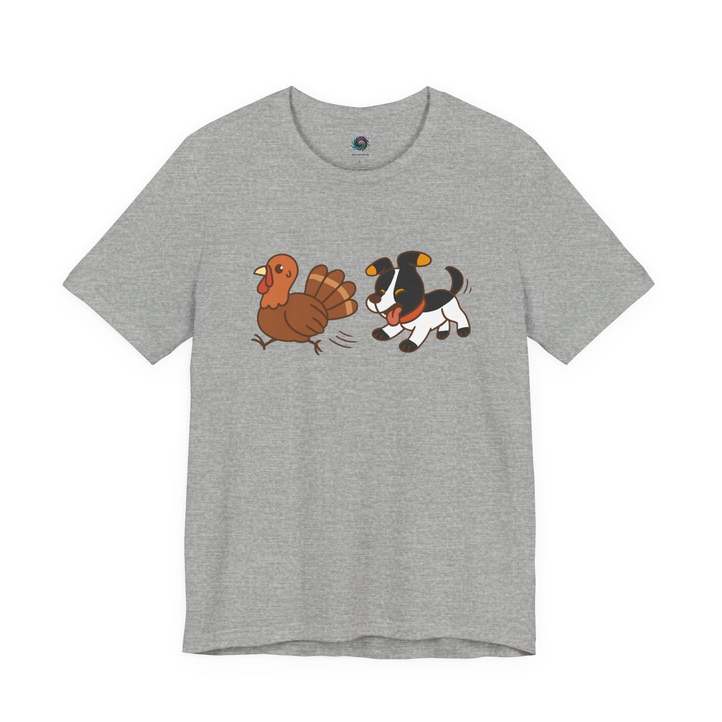 Dog Chasing Turkey T-Shirt – Funny Thanksgiving Dog Tee in athletic heather with playful pup and turkey graphic