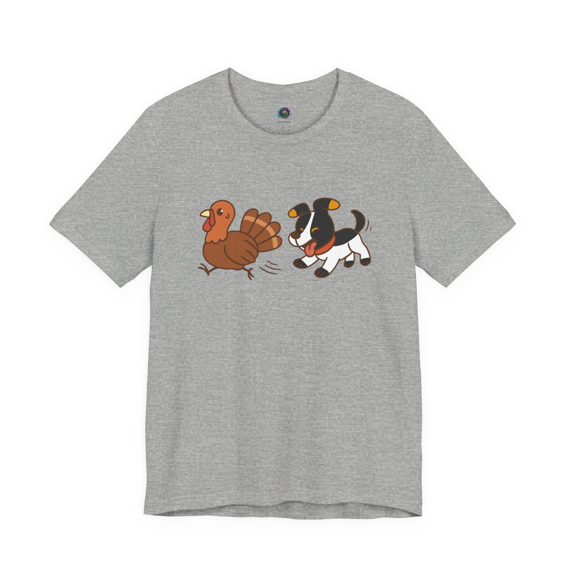 Dog Chasing Turkey T-Shirt – Funny Thanksgiving Dog Tee in athletic heather with playful pup and turkey graphic