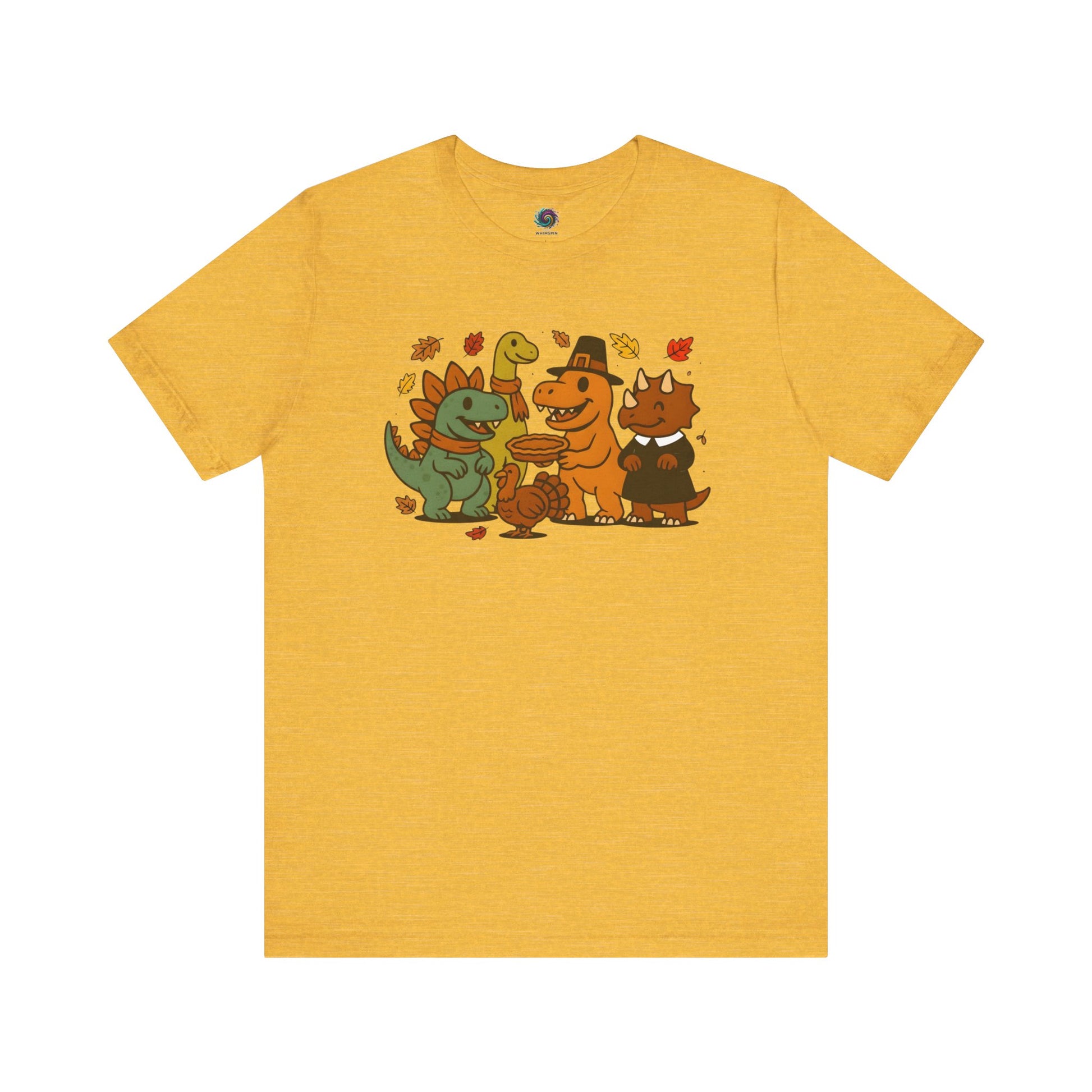 Thanksgiving Dinosaur T-Shirt – Funny Dino Thanksgiving Tee in cheerful heather yellow gold, displaying cute dinosaurs dressed for a holiday dinner.