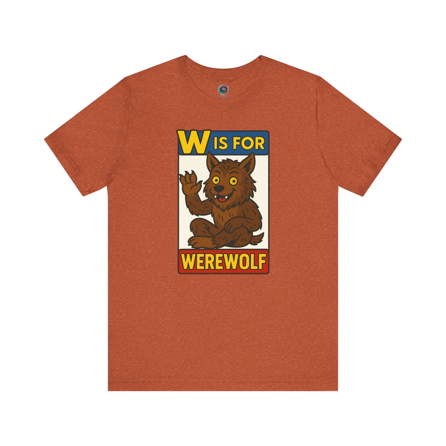 W is for Werewolf T-Shirt in heather autumn, perfect for spooky season fans and alphabet nerds