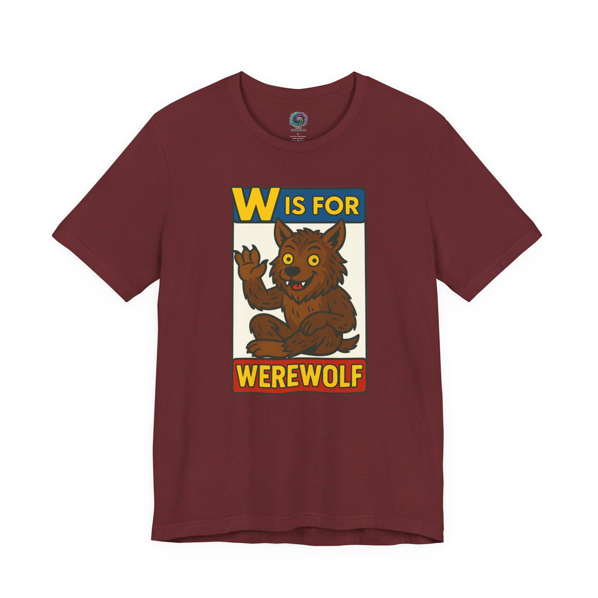W is for Werewolf T-Shirt in heather cardinal, from WhimSpin’s quirky Monster Alphabet series