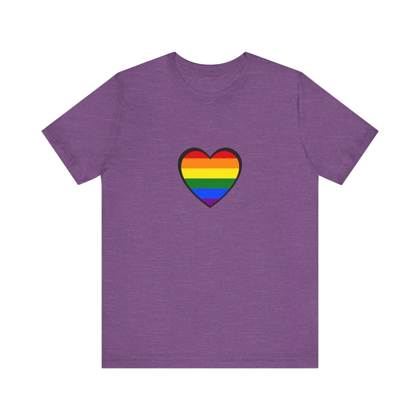 Pride Heart Flag T-Shirt  - Heather purple pride rainbow heart tee with symbolic love message