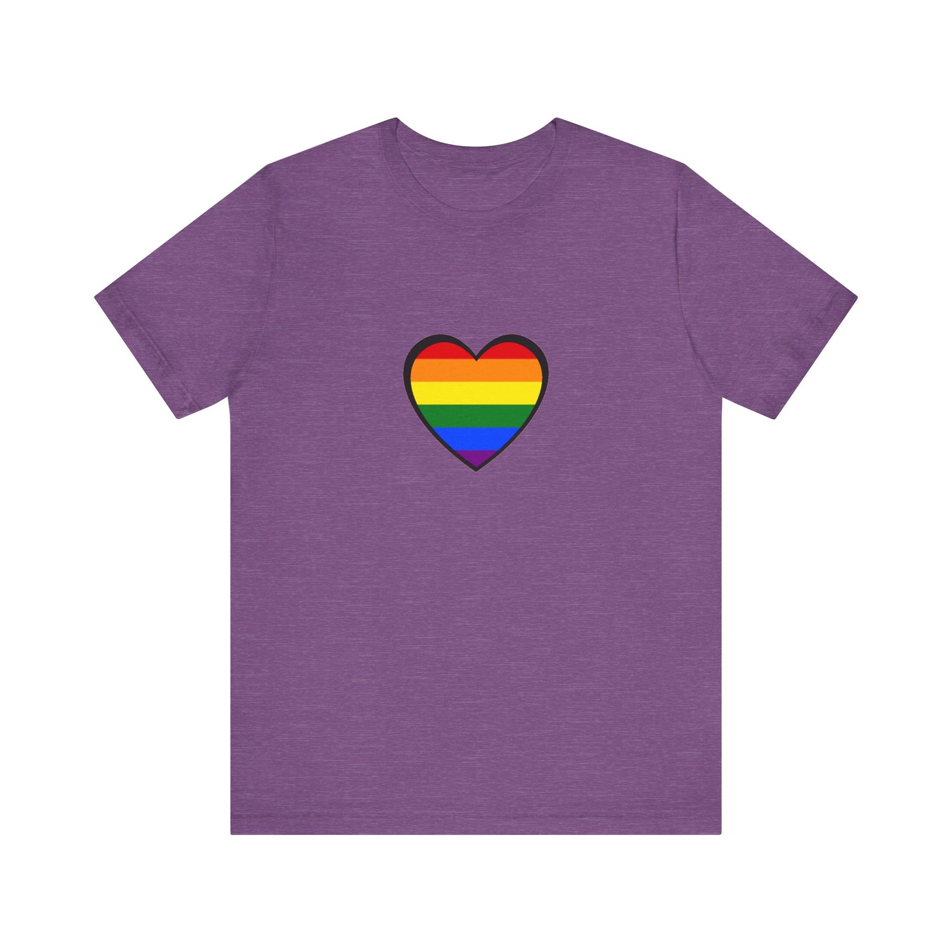 Pride Heart Flag T-Shirt  - Heather purple pride rainbow heart tee with symbolic love message