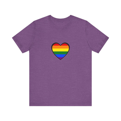Pride Heart Flag T-Shirt  - Heather purple pride rainbow heart tee with symbolic love message