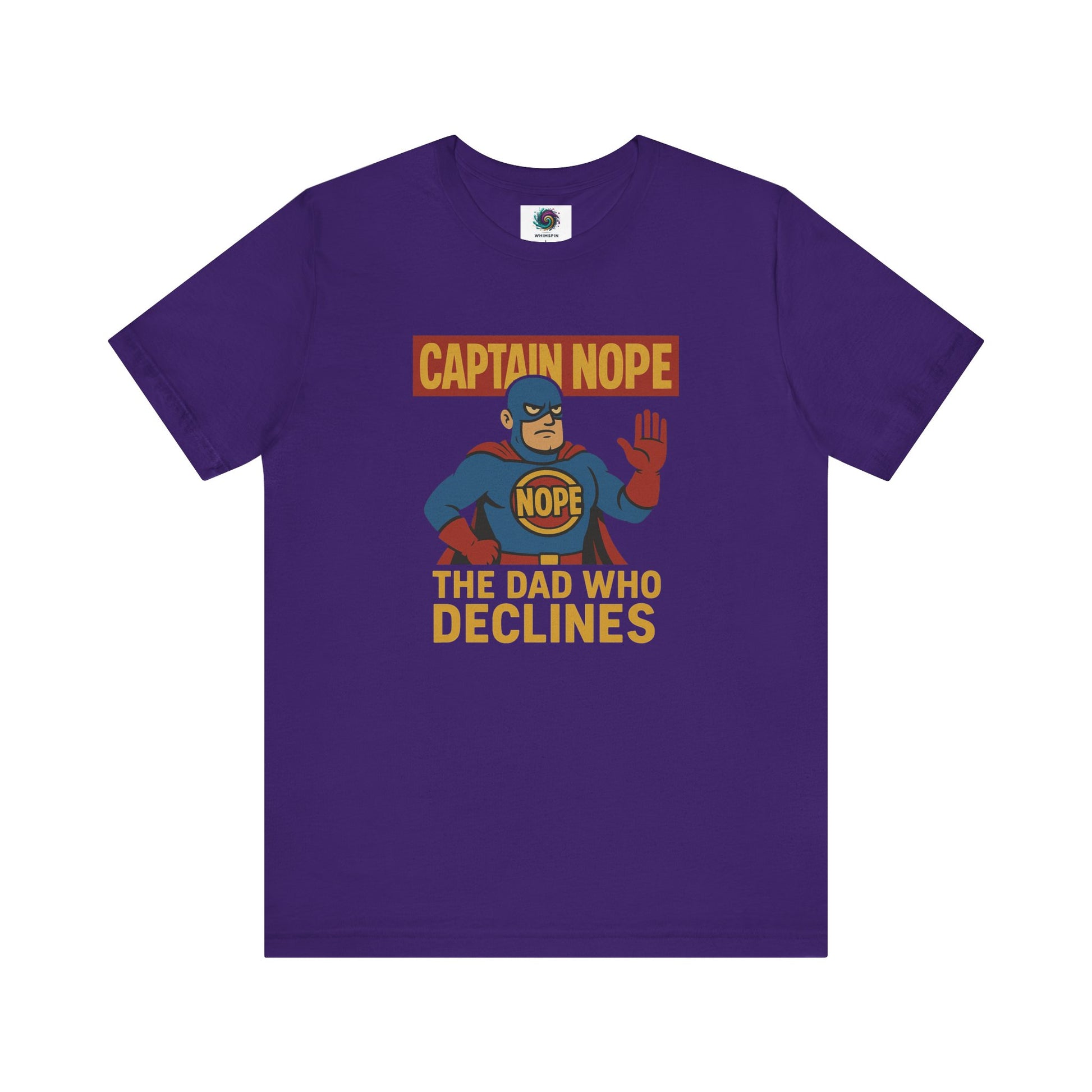 Captain Nope Dad Shirt in team purple, celebrating the “No” master dad with a pop-art style superhero design.