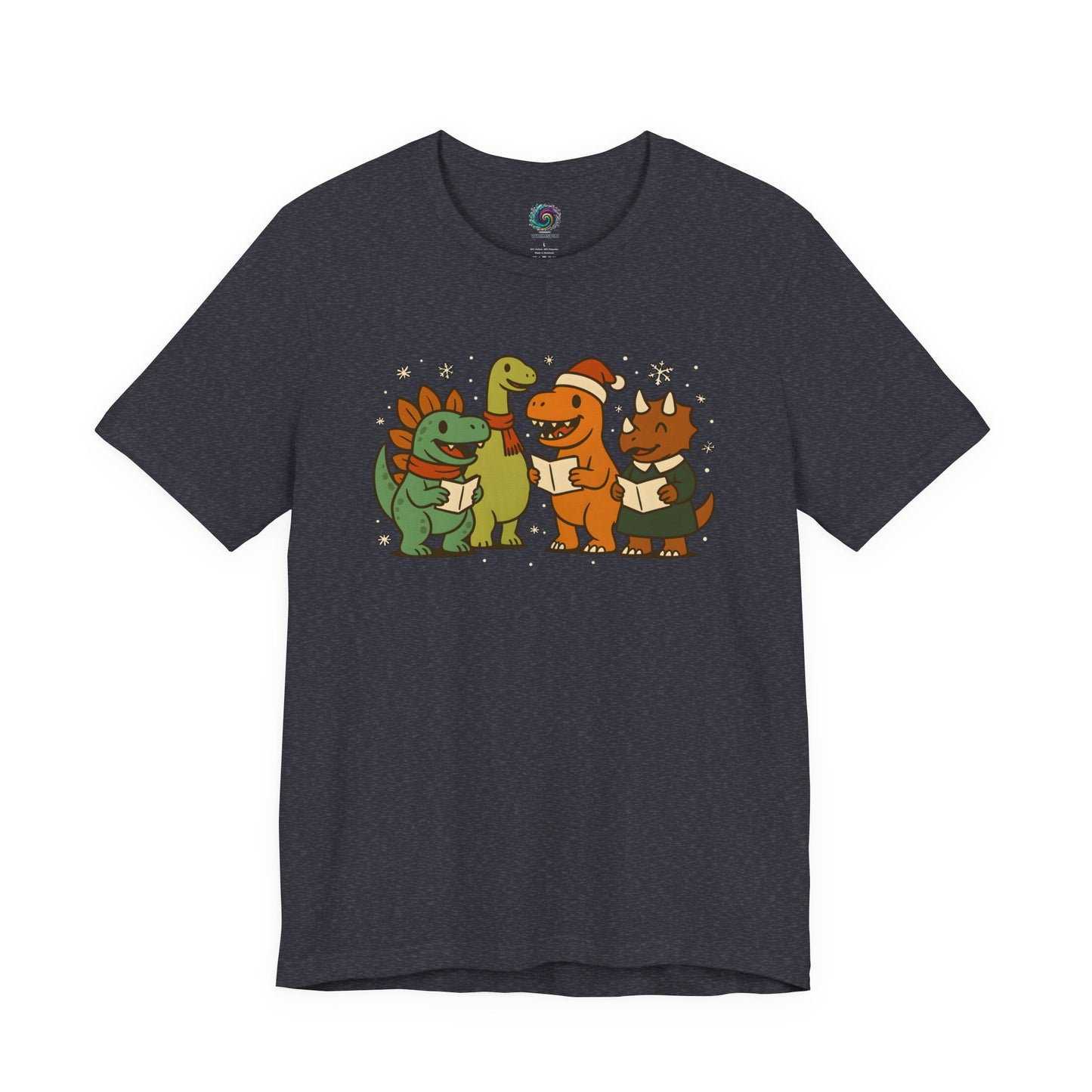 Dinosaur Carolers T-Shirt – Cute Dino Christmas Singing Tee in heather navy with dinosaur friends singing together