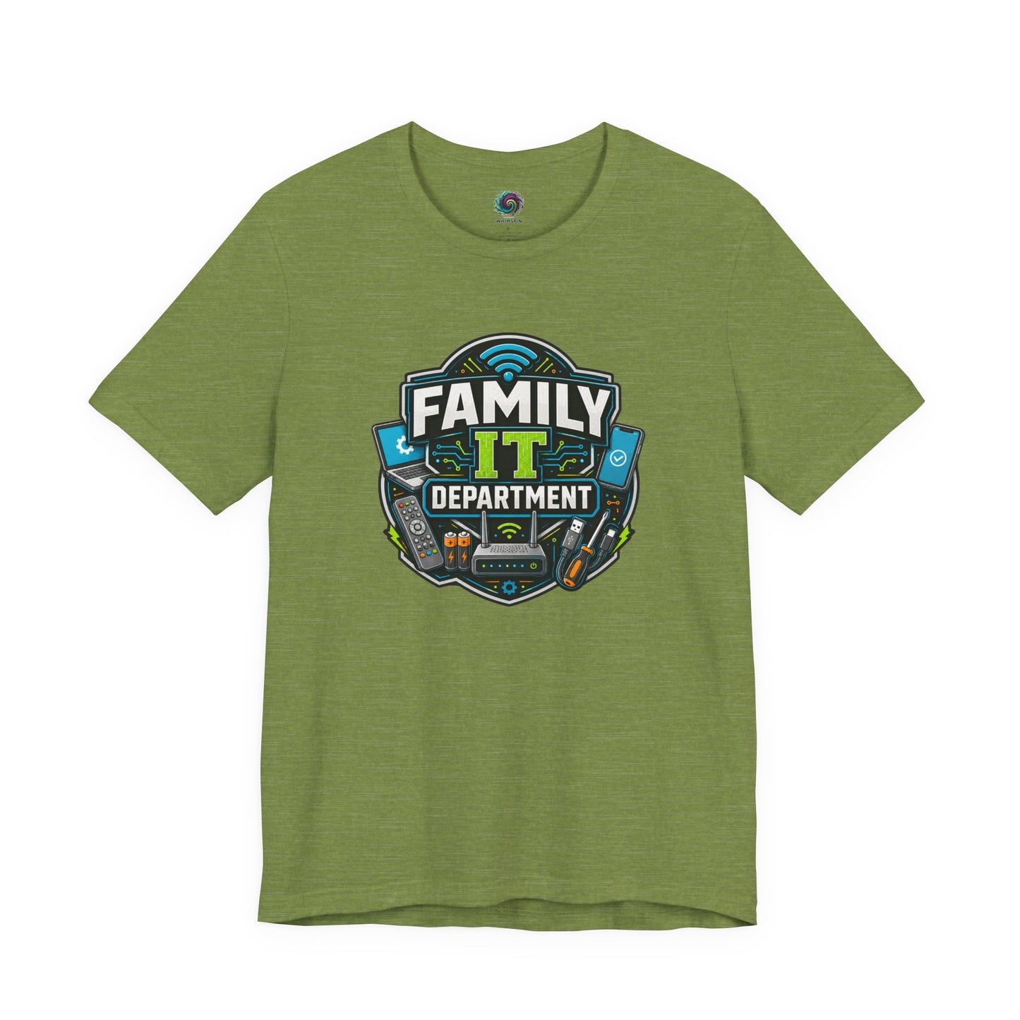 Family IT Department T-Shirt – Funny Household Tech Support Tee on heather green for the unofficial home network expert.
