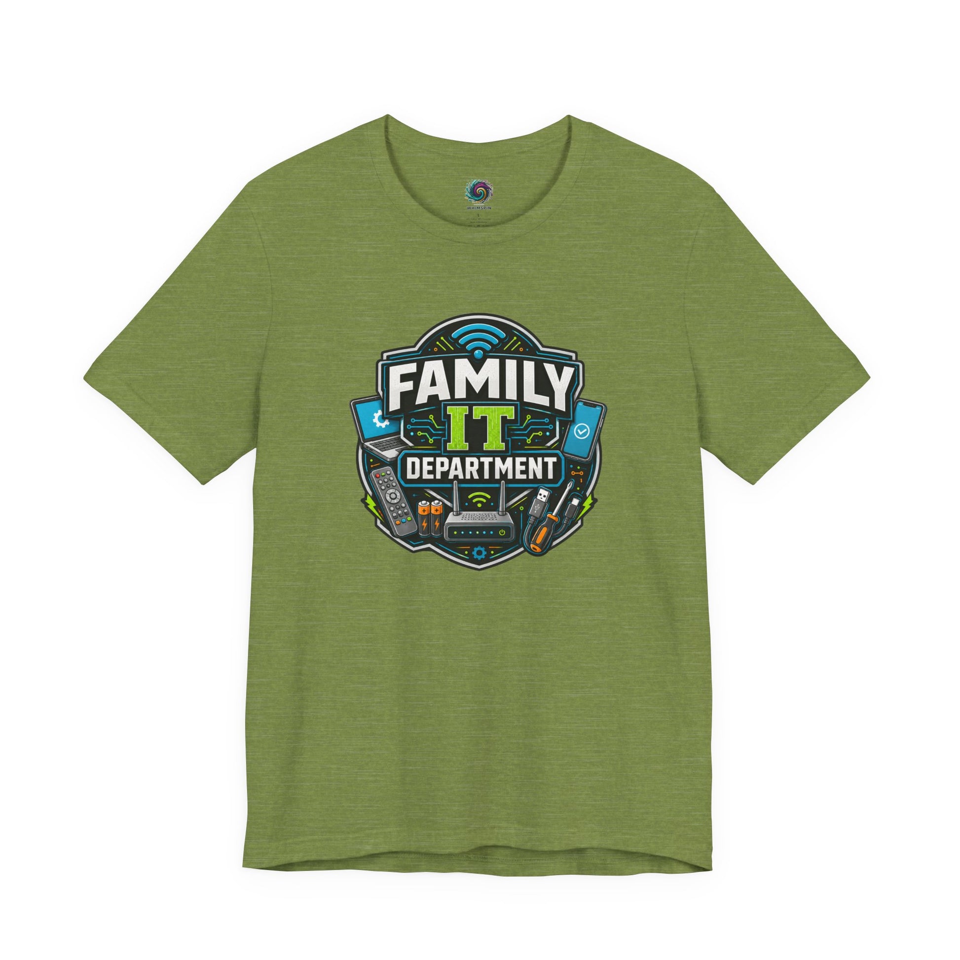 Family IT Department T-Shirt – Funny Household Tech Support Tee on heather green for the unofficial home network expert.