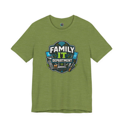 Family IT Department T-Shirt – Funny Household Tech Support Tee on heather green for the unofficial home network expert.