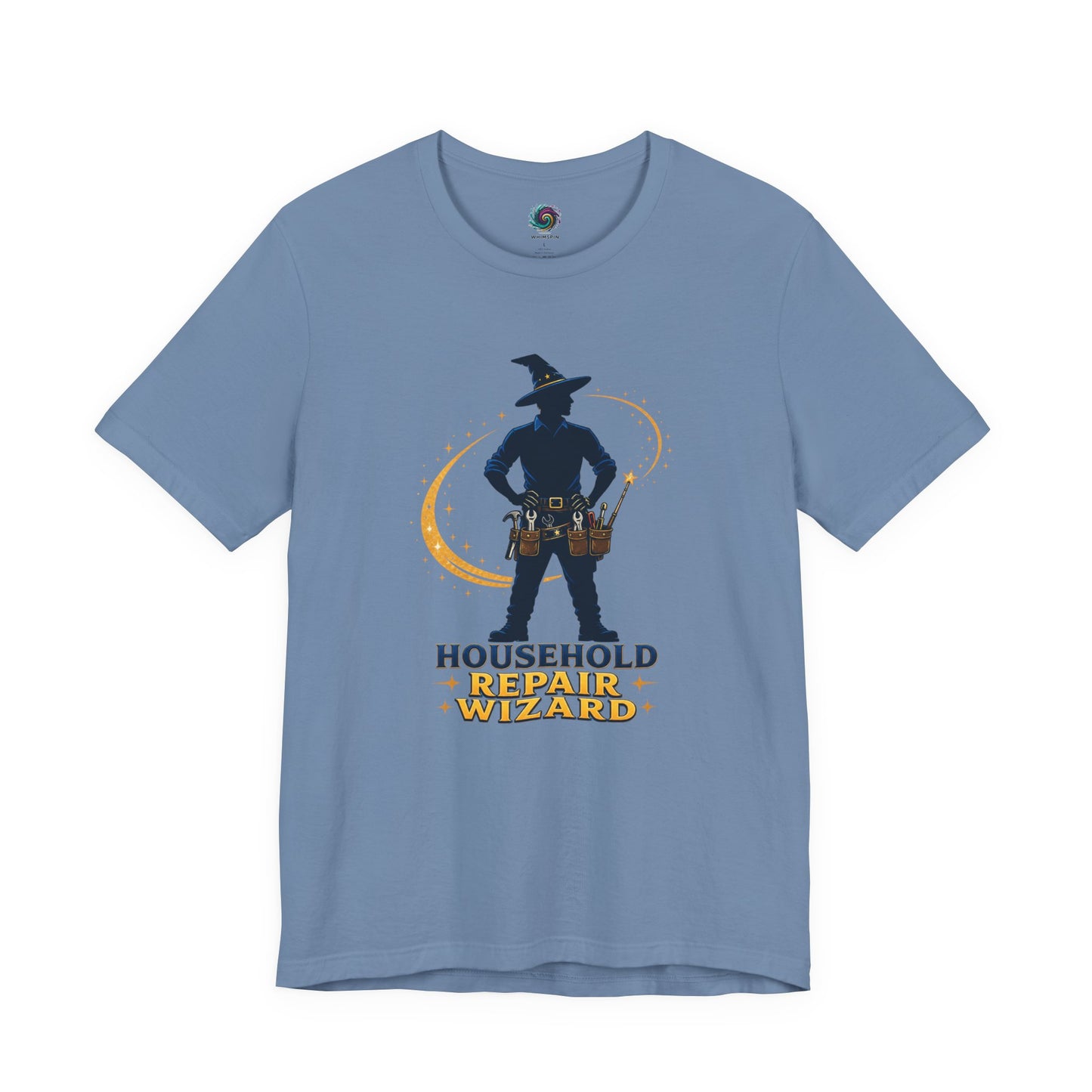 Steel Blue Household Repair Wizard T-Shirt with whimsical handyman wizard design for DIY dads and fantasy fans