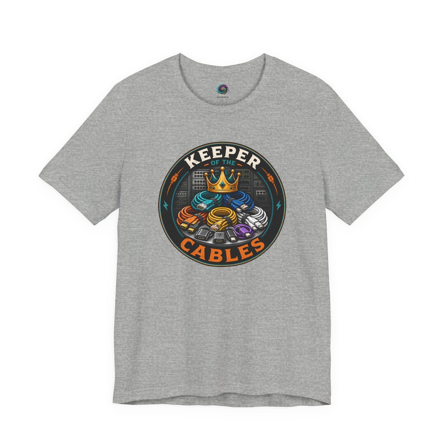 Keeper of the Cables T-Shirt – Funny Tech Dad Cable Tee on athletic heather for the family’s unofficial box-of-cables expert.