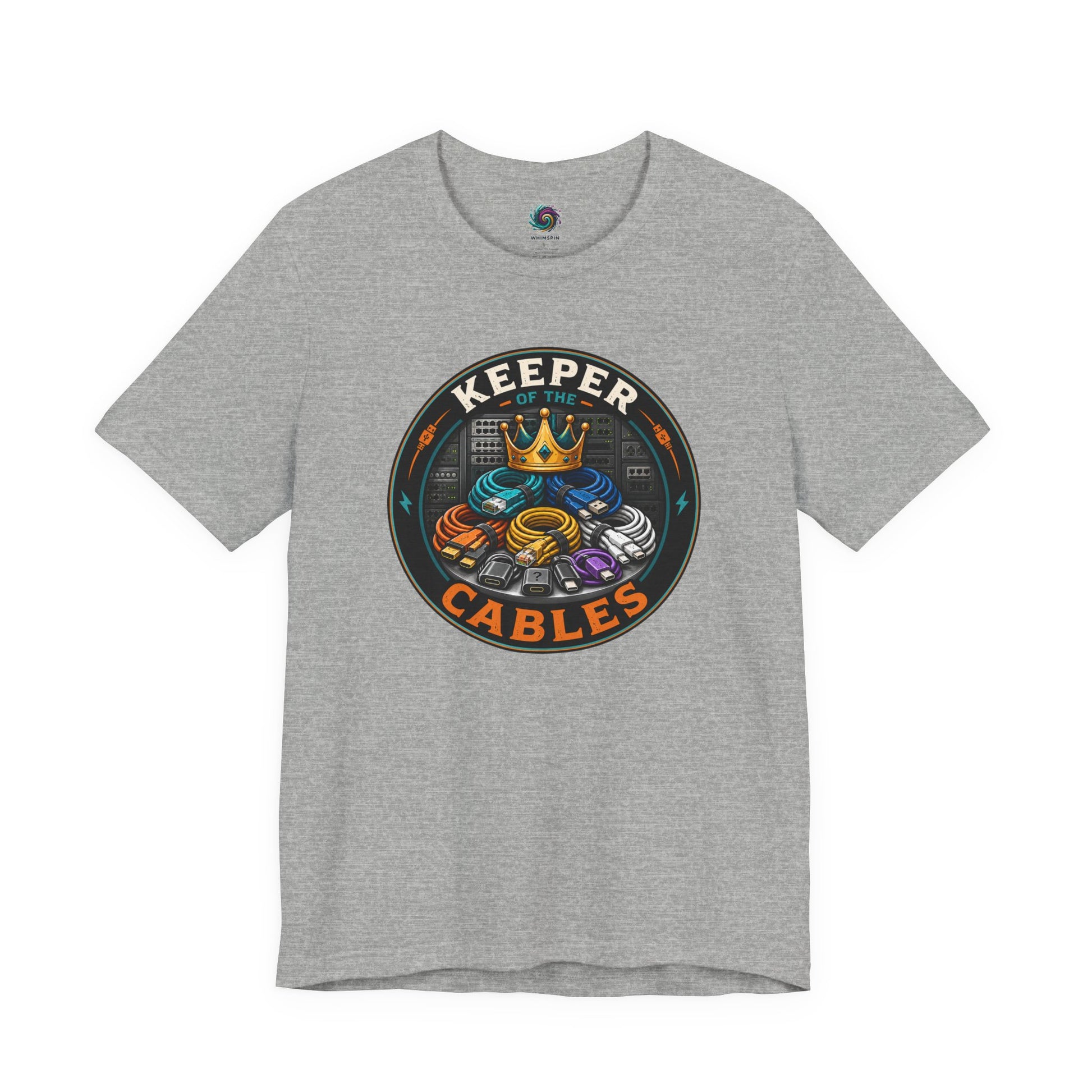 Keeper of the Cables T-Shirt – Funny Tech Dad Cable Tee on athletic heather for the family’s unofficial box-of-cables expert.
