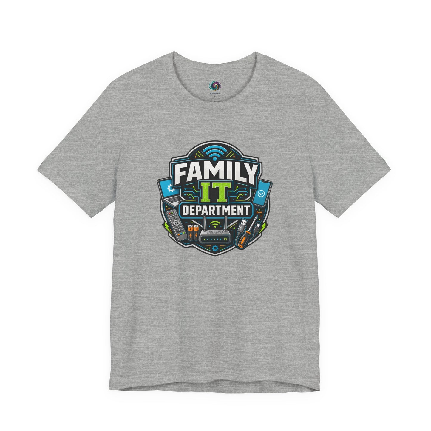 Family IT Department T-Shirt – Funny Household Tech Support Tee shown on athletic heather with a clever family tech support design.