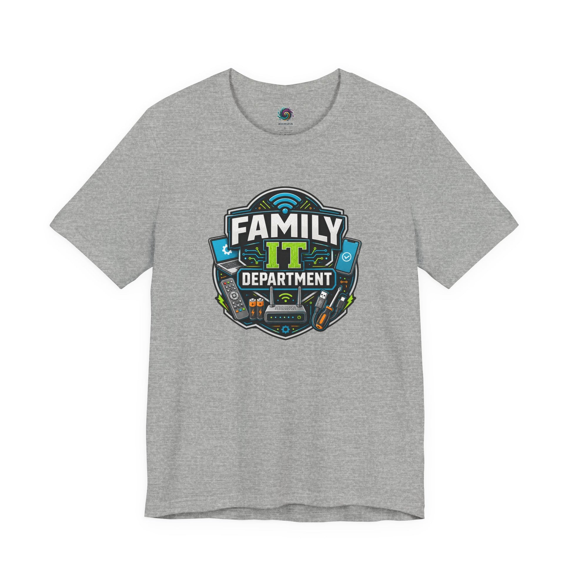 Family IT Department T-Shirt – Funny Household Tech Support Tee shown on athletic heather with a clever family tech support design.
