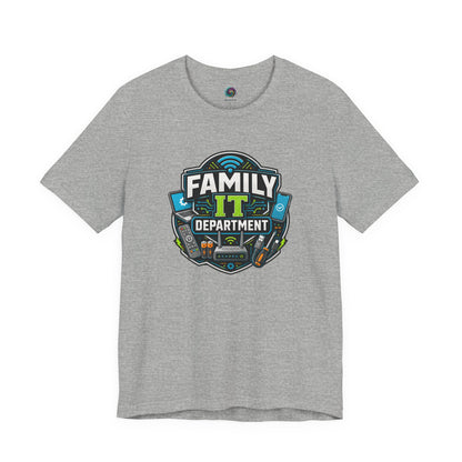 Family IT Department T-Shirt – Funny Household Tech Support Tee shown on athletic heather with a clever family tech support design.