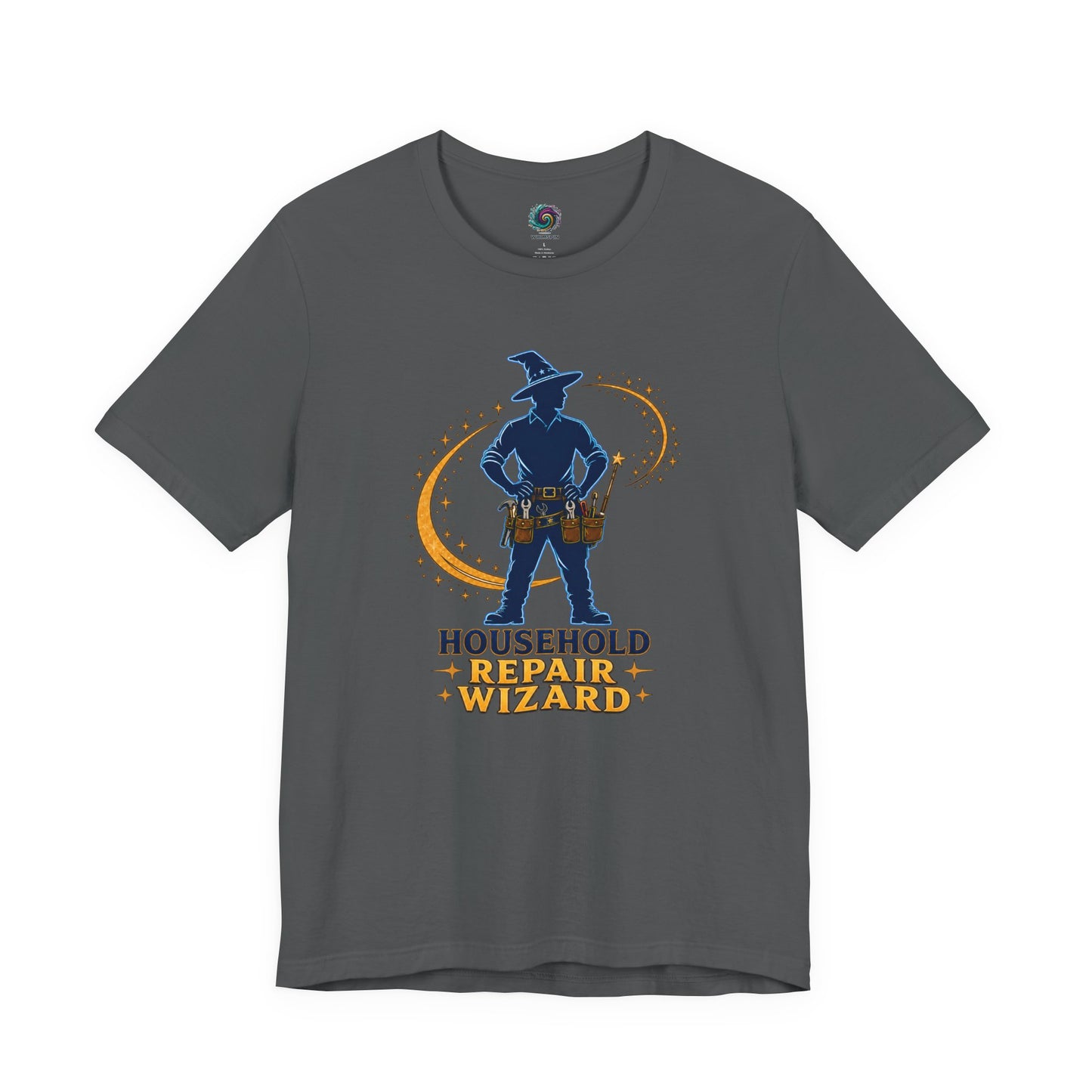 Household Repair Wizard T-Shirt – Funny Handy Dad Tee in Asphalt featuring fantasy handyman wizard graphic with magical repair theme