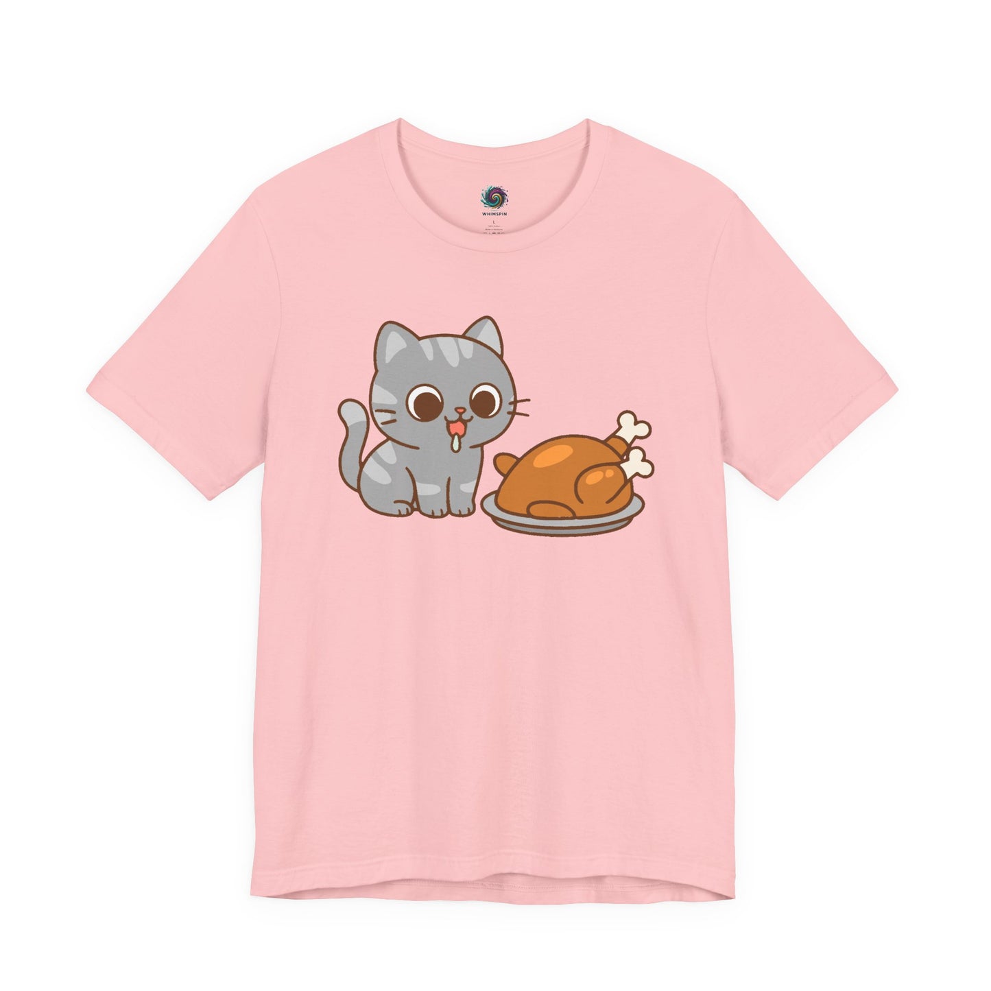 Thanksgiving Cat T-Shirt – Cute Hungry Cat and Turkey Tee in pink with cartoon kitten drooling at Thanksgiving dinner