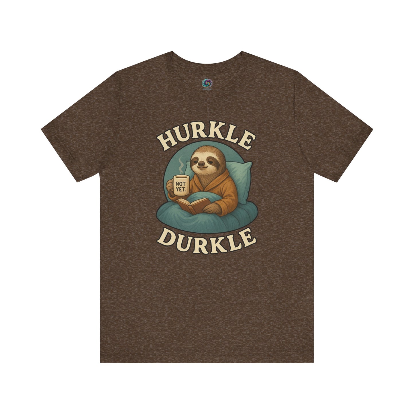 Hurkle Durkle Sloth T-Shirt – Cozy Sloth Shirt for Lazy Days shown flat in Heather Brown with relaxed sloth reading a book and sipping coffee