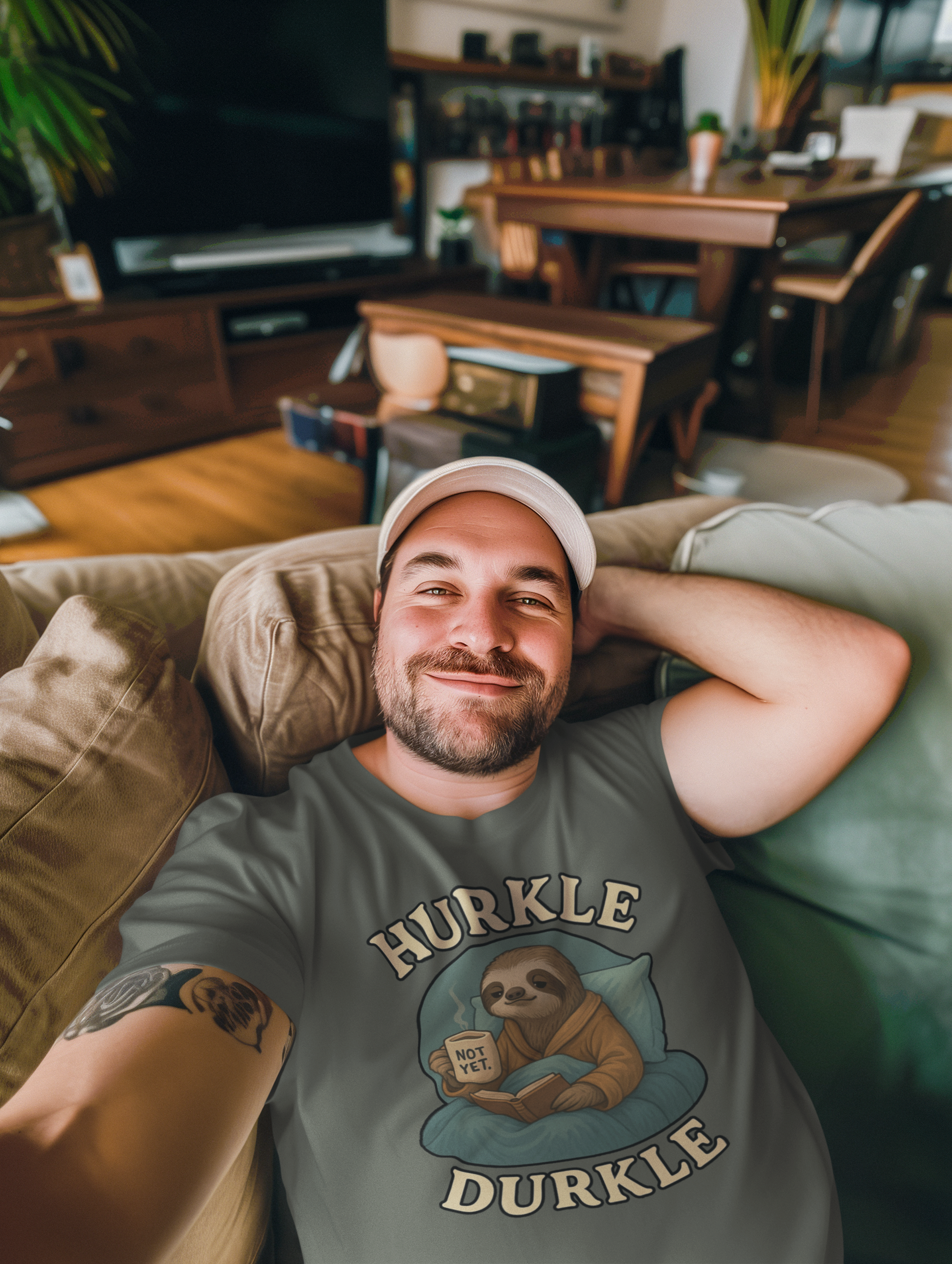 Hurkle Durkle Sloth T-Shirt – Cozy Sloth Shirt for Lazy Days shown in Heather Military Green worn by a relaxed man reclining indoors, showcasing cozy sloth holding a “Not Yet” mug
