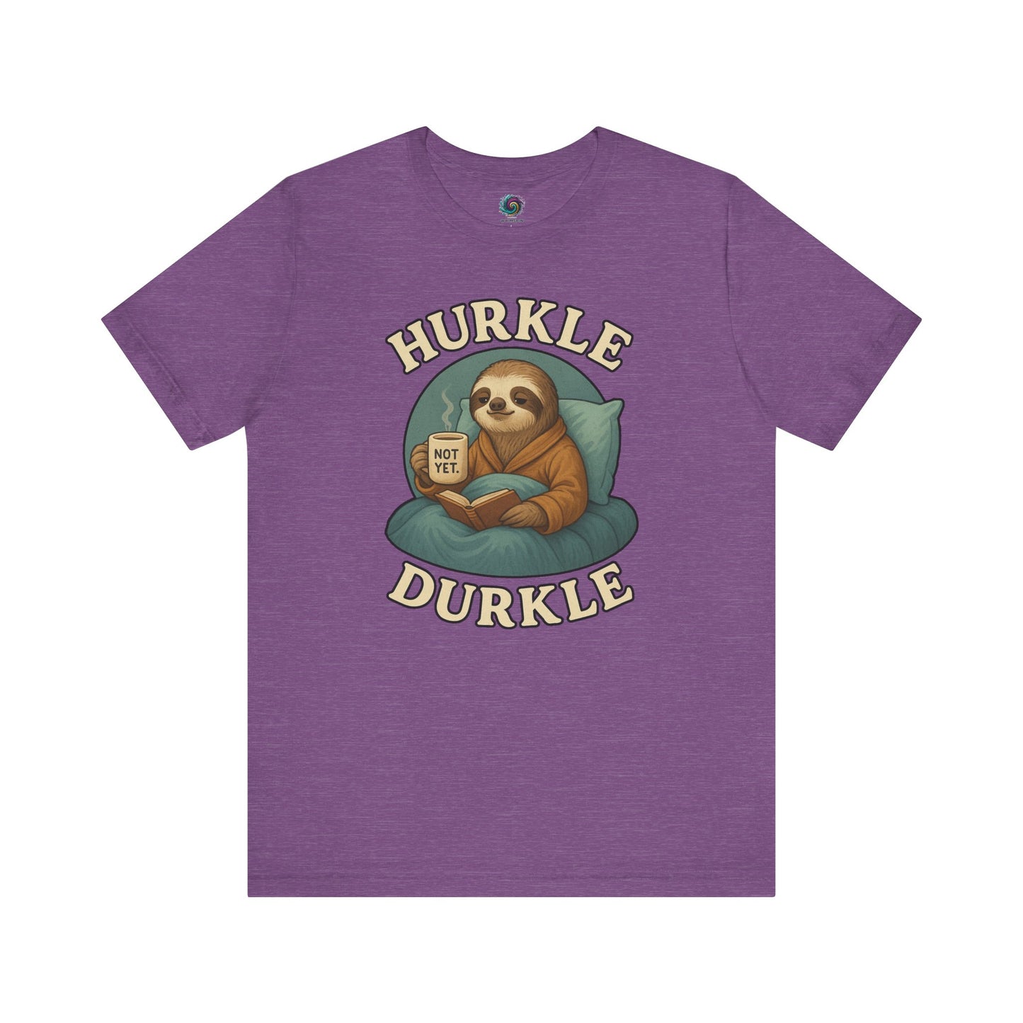 Hurkle Durkle Sloth T-Shirt – Cozy Sloth Shirt for Lazy Days in Heather Team Purple laid flat to highlight humorous sleepy sloth illustration