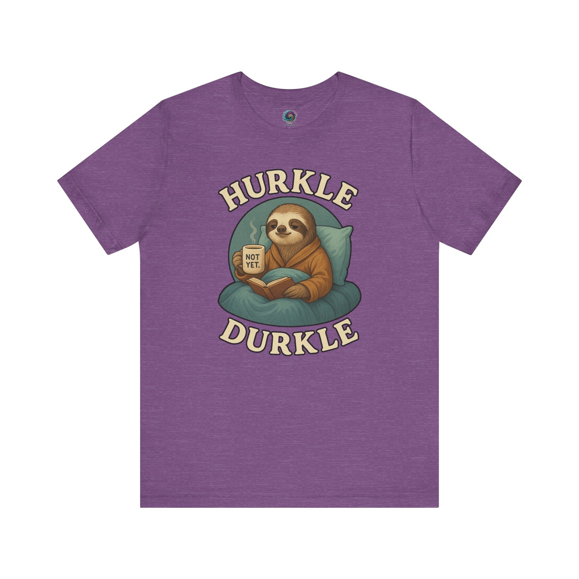 Hurkle Durkle Sloth T-Shirt – Cozy Sloth Shirt for Lazy Days in Heather Team Purple laid flat to highlight humorous sleepy sloth illustration