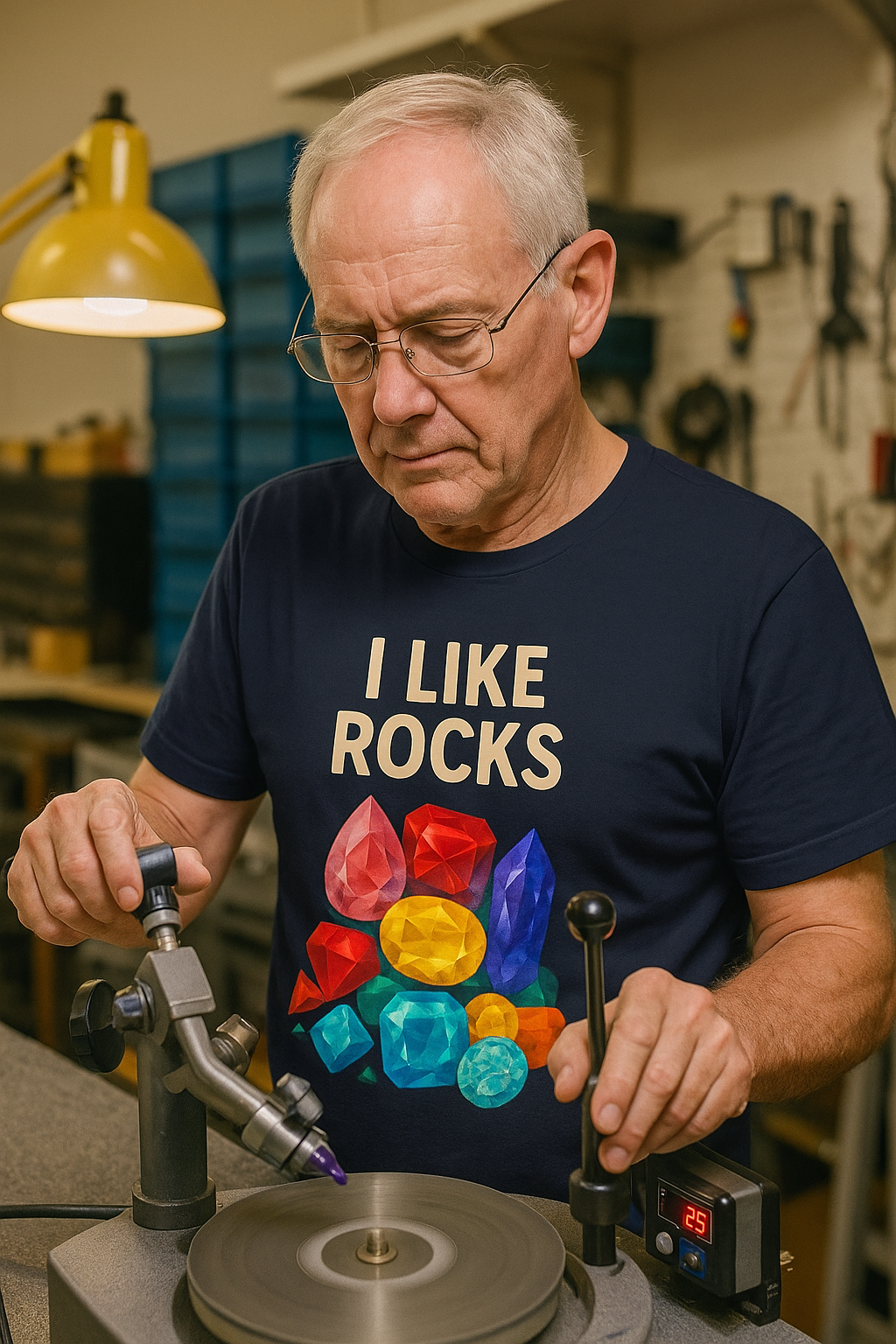 Older man in navy I Like Rocks Shirt using a gem faceting machine, colorful gemstones graphic visible, showcasing passion for lapidary and rocks – perfect for fans of the i like rocks meme.