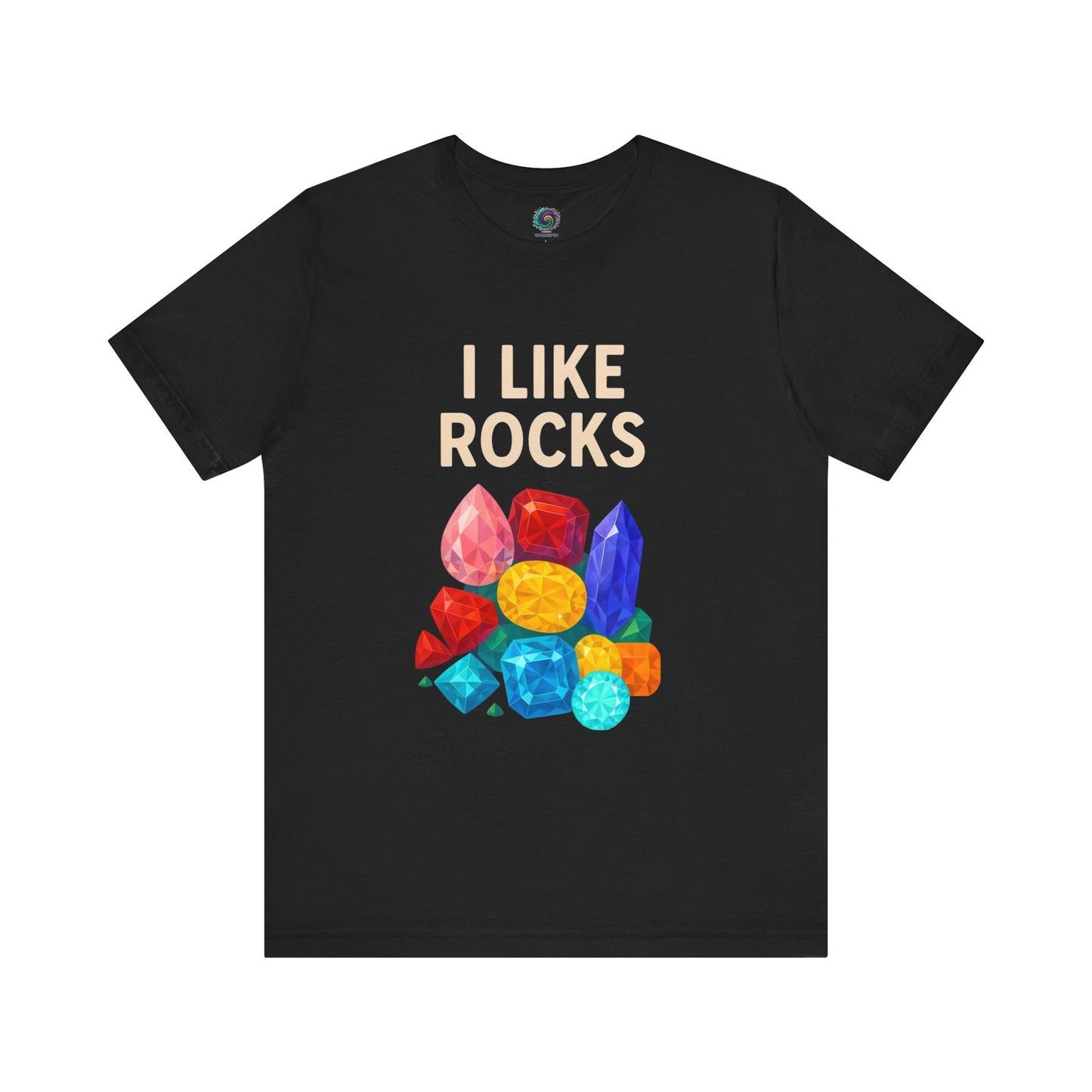 Flat lay of black I Like Rocks Shirt featuring colorful gemstones design, ideal gift for rockhounds who say i love rocks.