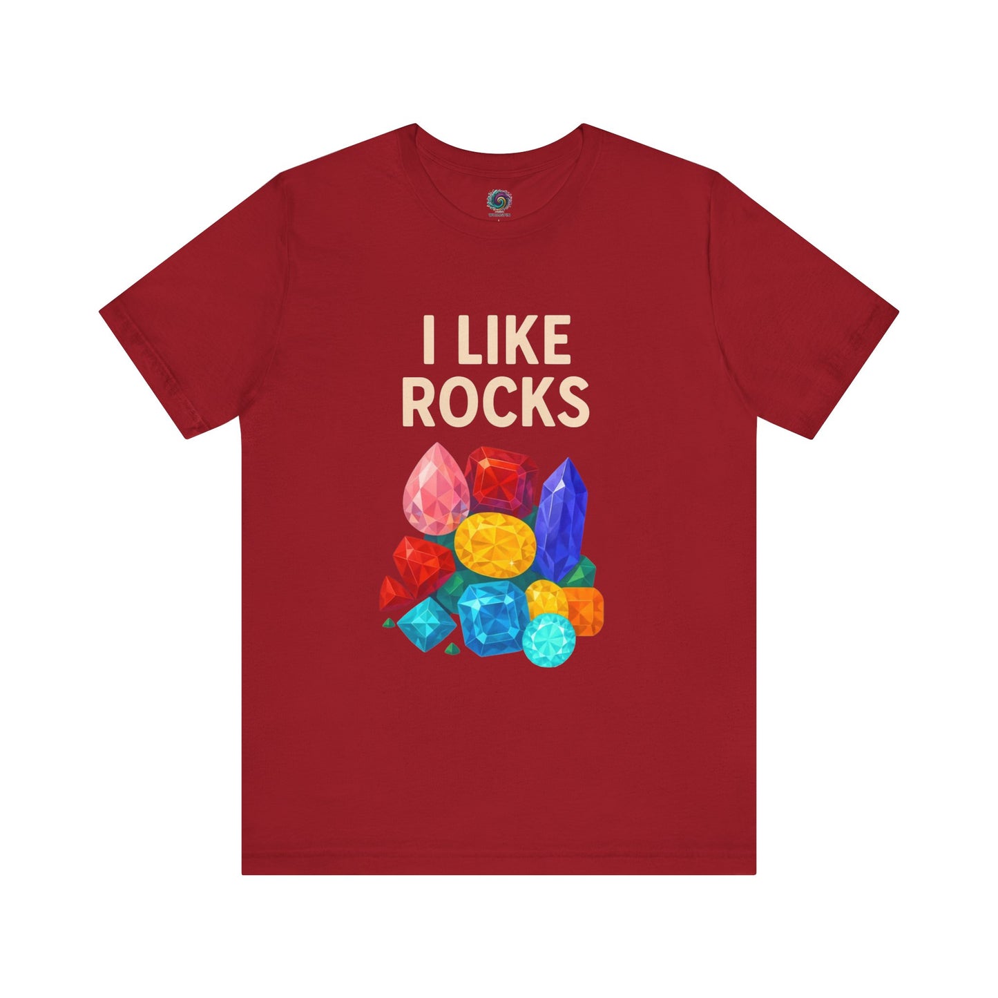 Flat lay of canvas red I Like Rocks Shirt, vibrant gemstone artwork stands out—fun i like rocks shirt for rock collectors and lapidary fans.